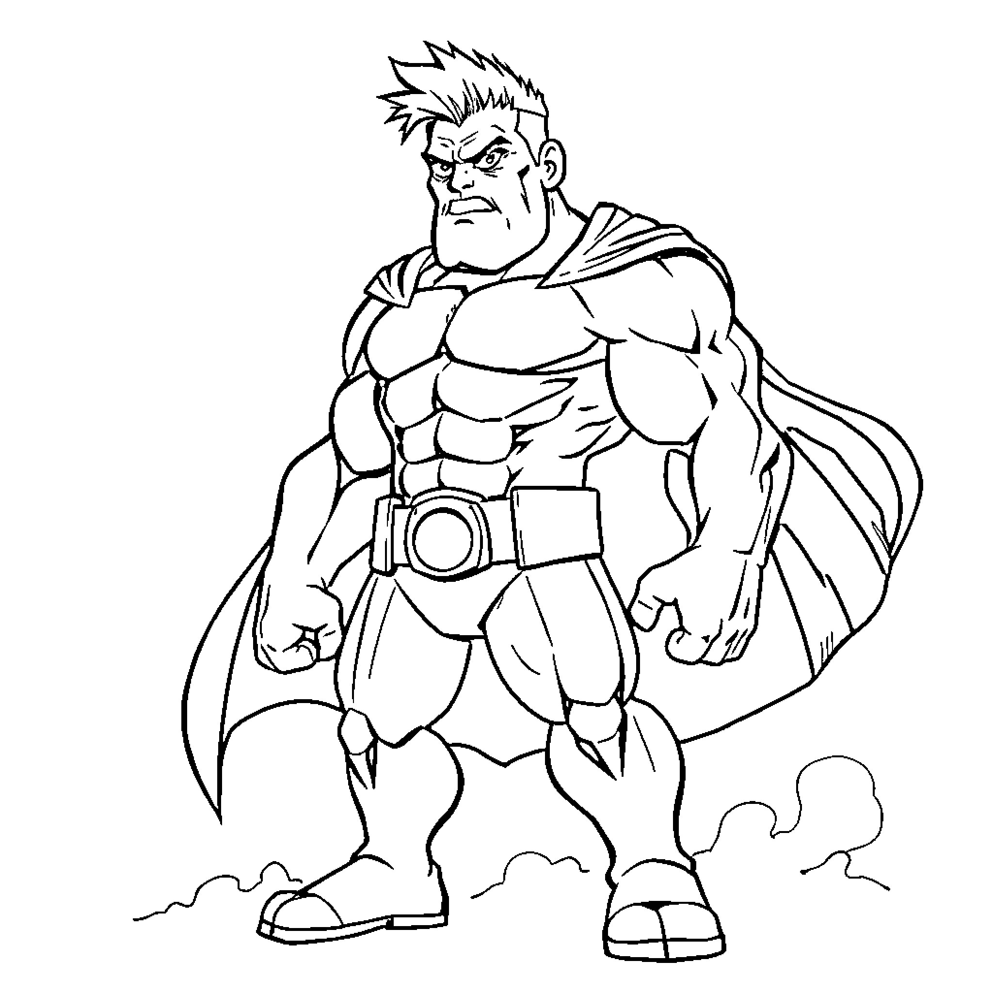 Butman the muscular superhero in action Coloring Page (free black-and-white line drawing printable PDF for all, from beginners to advanced learners, including children, teens, adults, and seniors)
