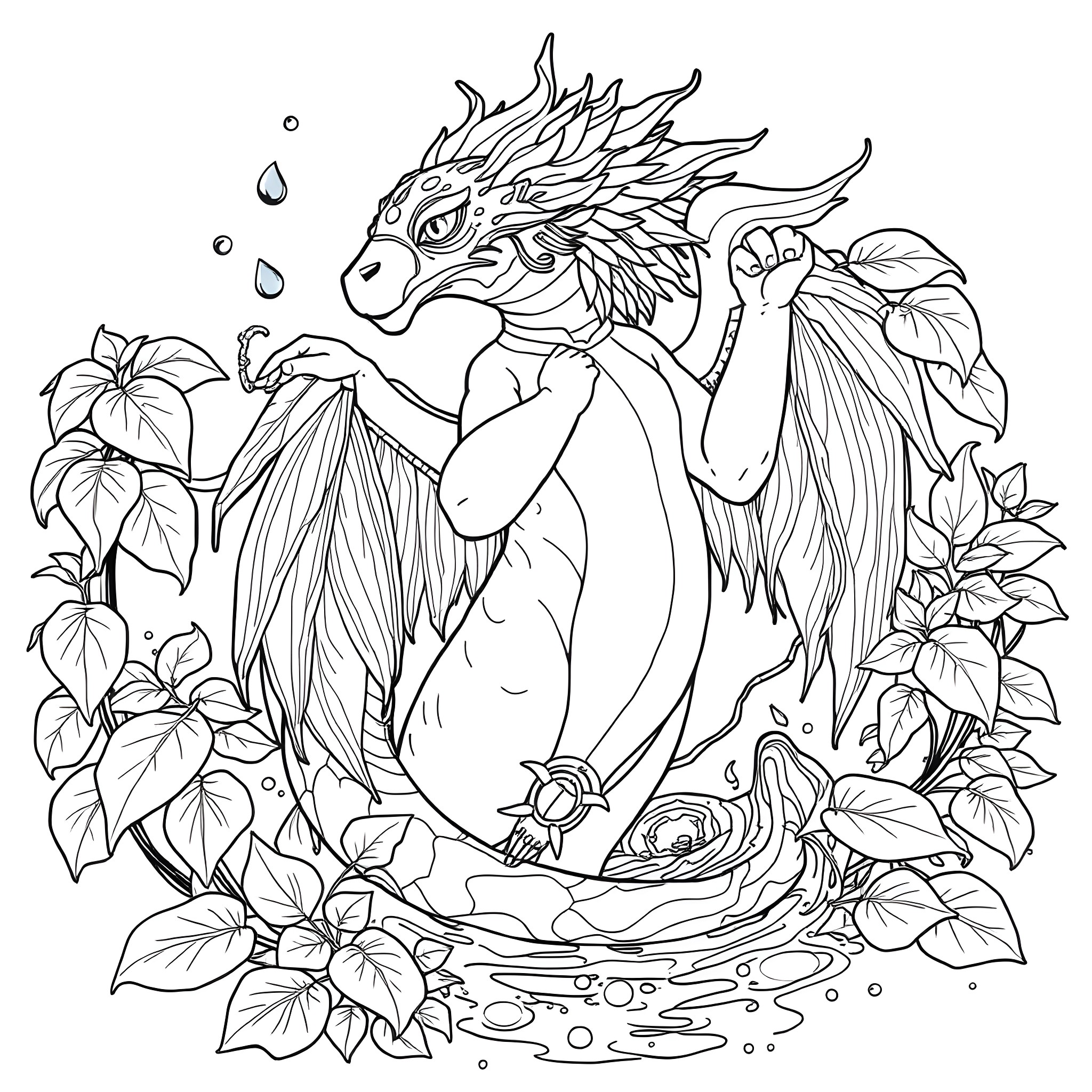 Uktena taking a joyful dip in the forest pond Coloring Page (free black-and-white line drawing printable PDF for all, from beginners to advanced learners, including children, teens, adults, and seniors)