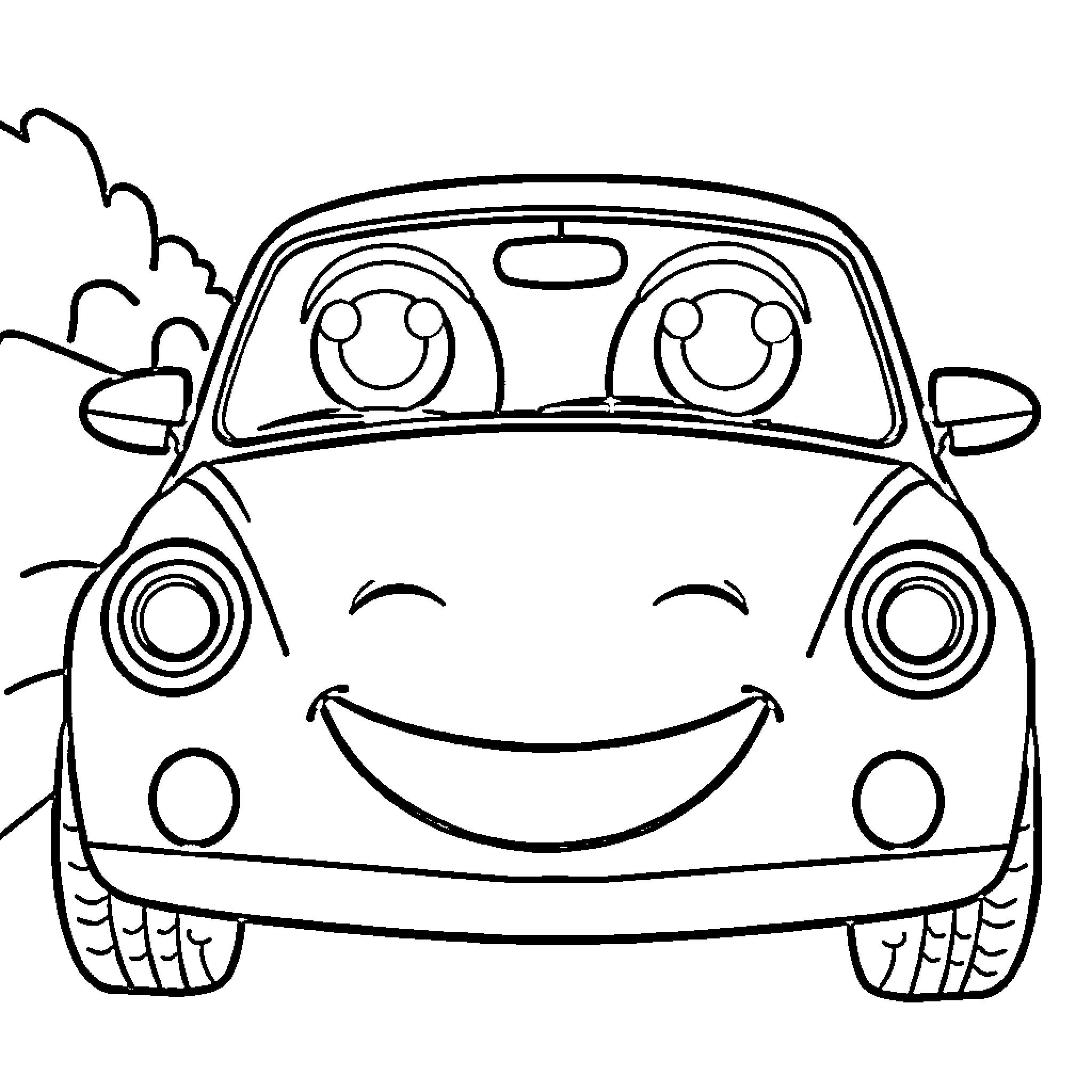 Car with smiling cartoon expression Coloring Page (free black-and-white line drawing printable PDF for all, from beginners to advanced learners, including children, teens, adults, and seniors)