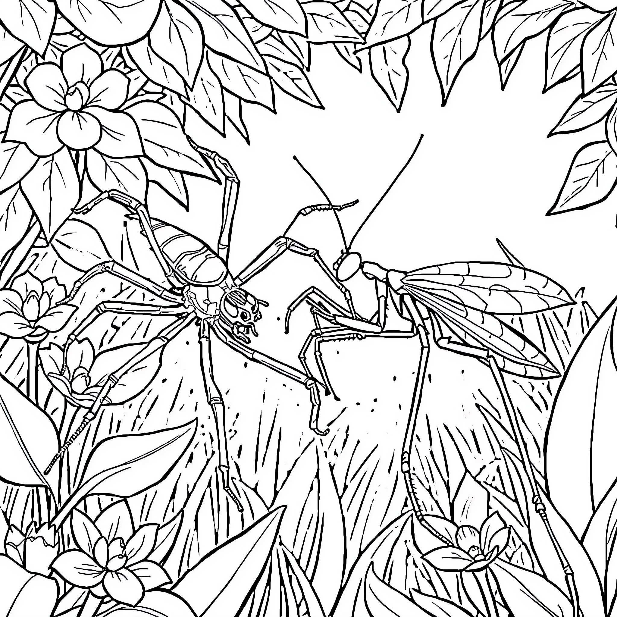 Spider hiding in the flowering leaves Coloring Page (free black-and-white line drawing printable PDF for all, from beginners to advanced learners, including children, teens, adults, and seniors)