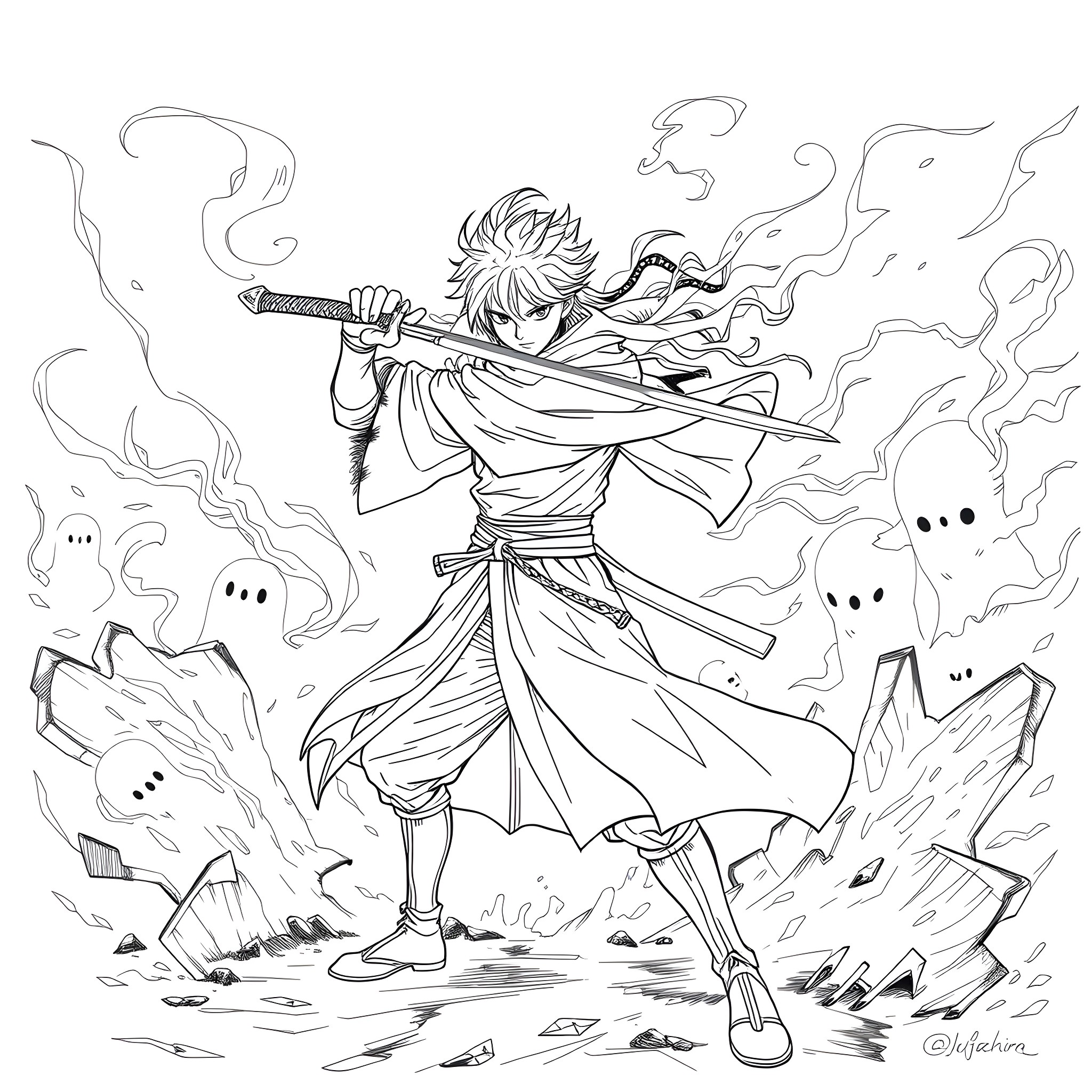 Kny Muichiro in Fierce Battle Stance Coloring Page (free black-and-white line drawing printable PDF for all, from beginners to advanced learners, including children, teens, adults, and seniors)