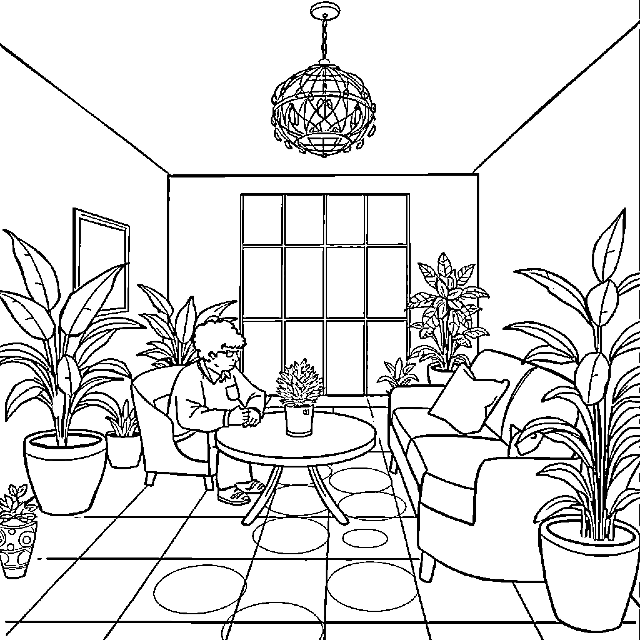Dementia - Elderly Person Enjoying Peaceful Indoor Garden Coloring Page (free black-and-white line drawing printable PDF for all, from beginners to advanced learners, including children, teens, adults, and seniors)
