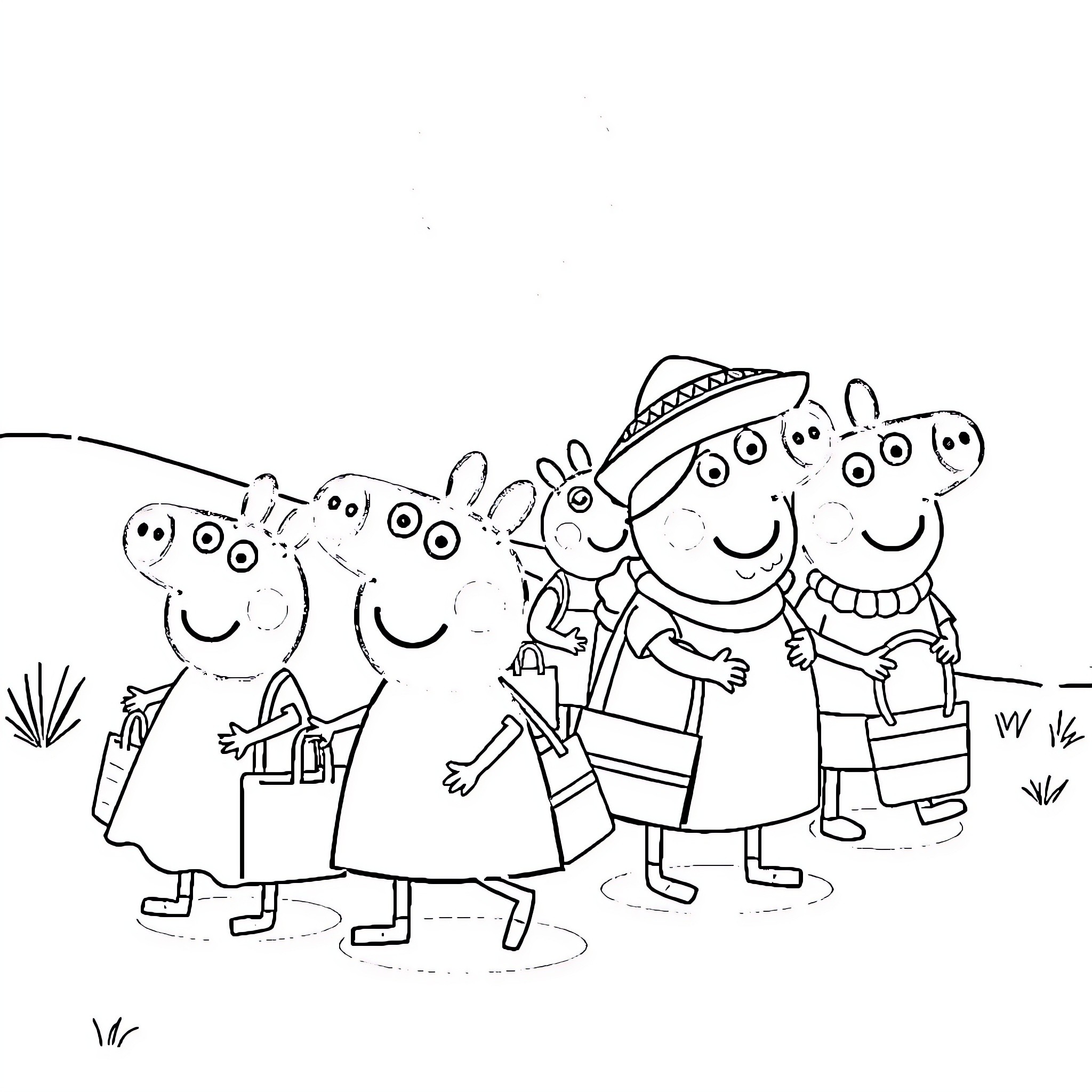 Peppa Pig family enjoying a day out Coloring Page (free black-and-white line drawing printable PDF for all, from beginners to advanced learners, including children, teens, adults, and seniors)