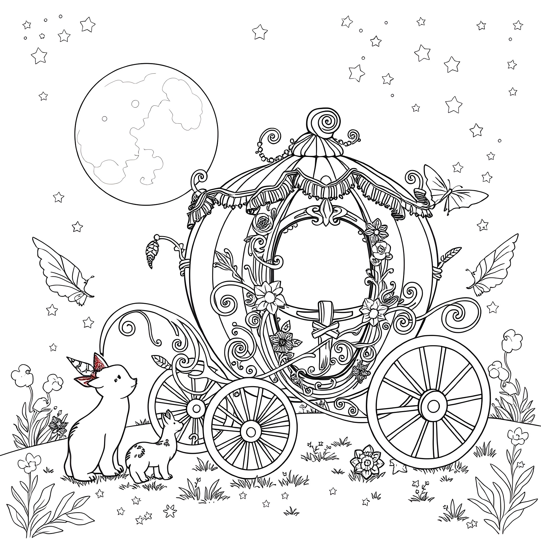 Cinderella's Magical Carriage Under the Starry Night Coloring Page (free black-and-white line drawing printable PDF for all, from beginners to advanced learners, including children, teens, adults, and seniors)