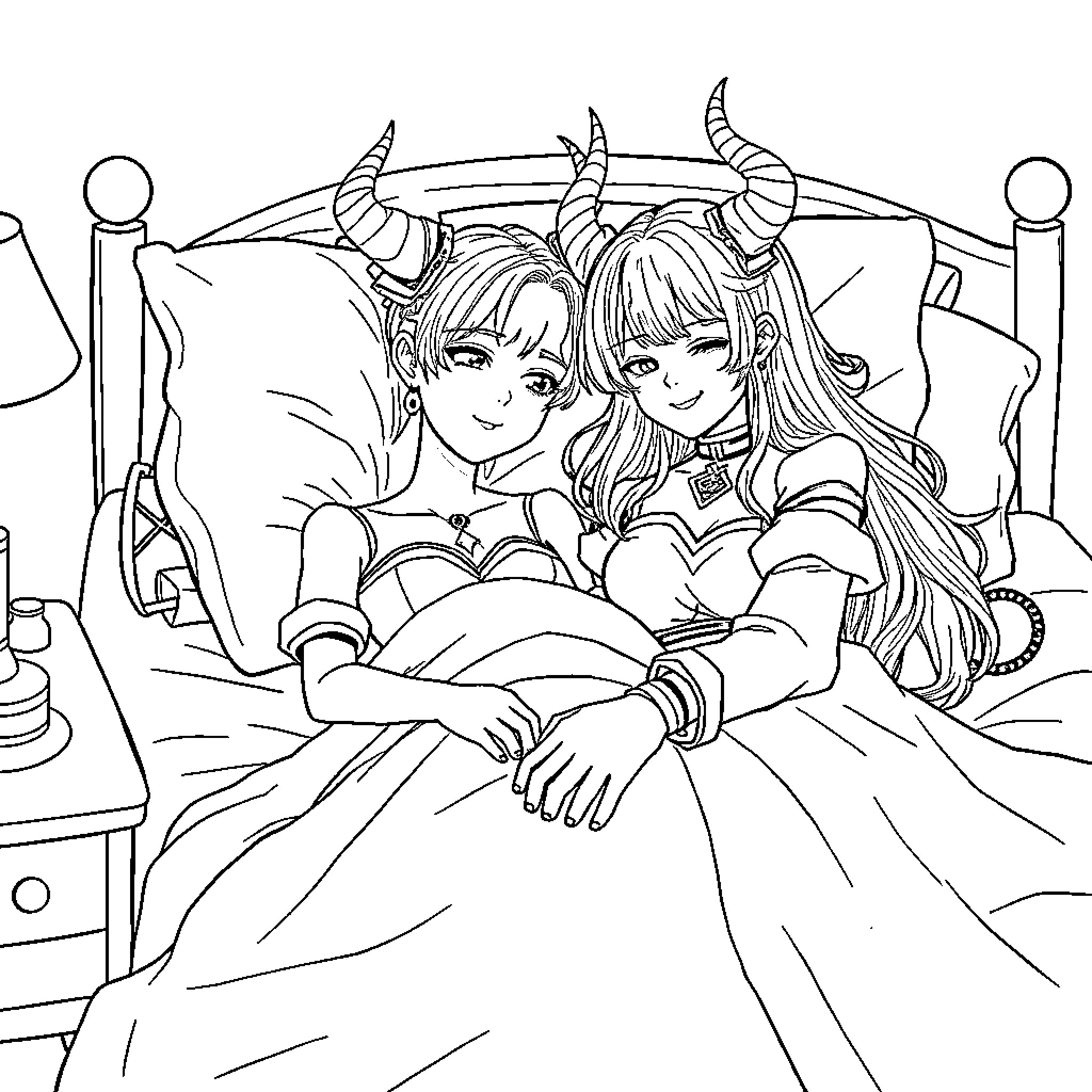 Zoey and Friend's Magical Bedtime Adventure Coloring Page (free black-and-white line drawing printable PDF for all, from beginners to advanced learners, including children, teens, adults, and seniors)