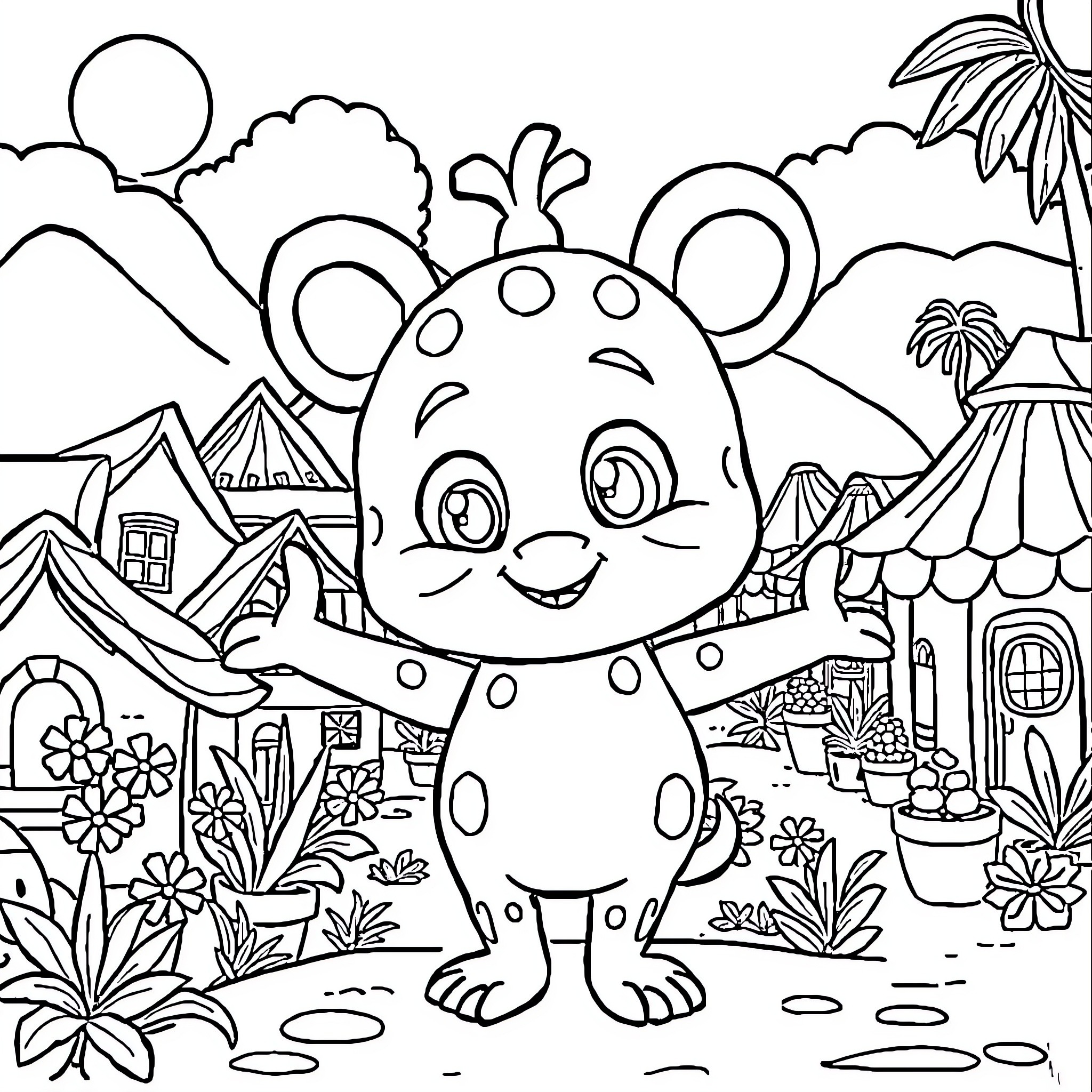 Labubu's Whimsical Adventure in the Vibrant Village Coloring Page (free black-and-white line drawing printable PDF for all, from beginners to advanced learners, including children, teens, adults, and seniors)