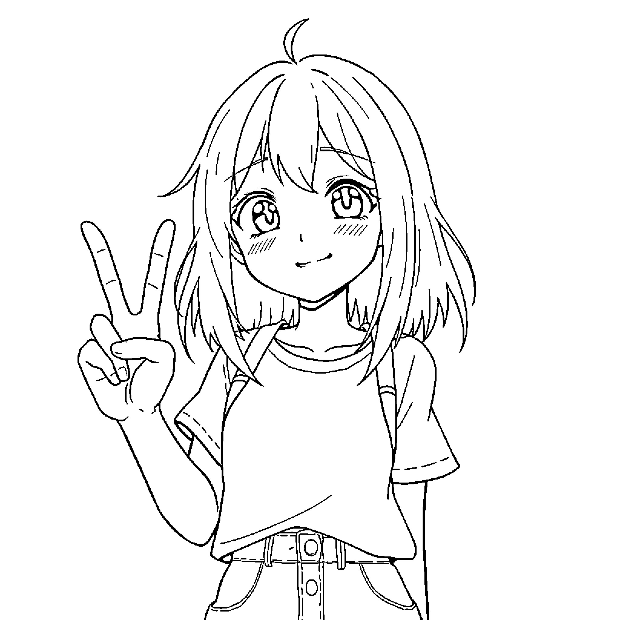 Anime Girl Makes Peace Sign with Cheerful Expression Coloring Page (free black-and-white line drawing printable PDF for all, from beginners to advanced learners, including children, teens, adults, and seniors)