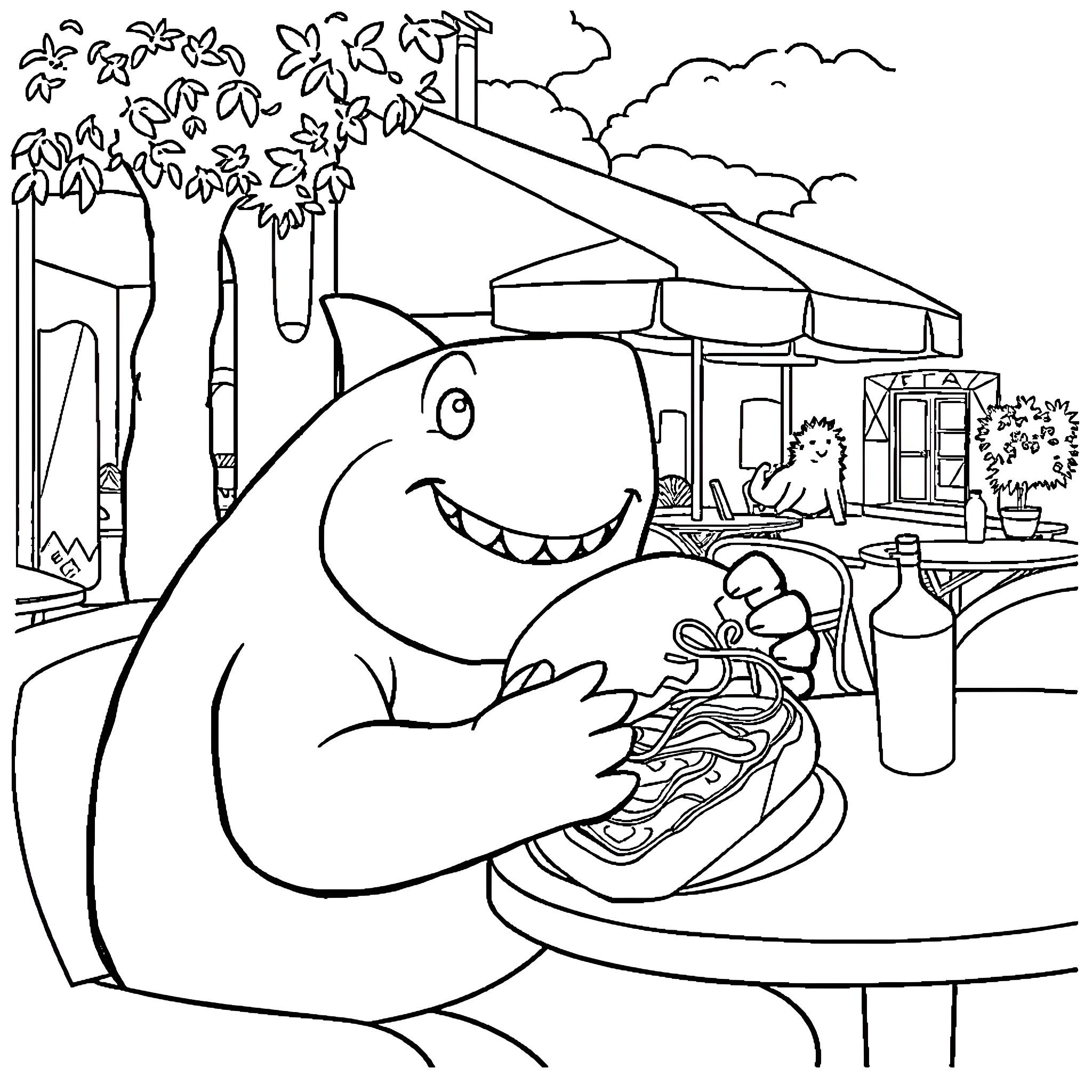 Snorlax enjoying a delicious meal at the campsite Coloring Page (free black-and-white line drawing printable PDF for all, from beginners to advanced learners, including children, teens, adults, and seniors)