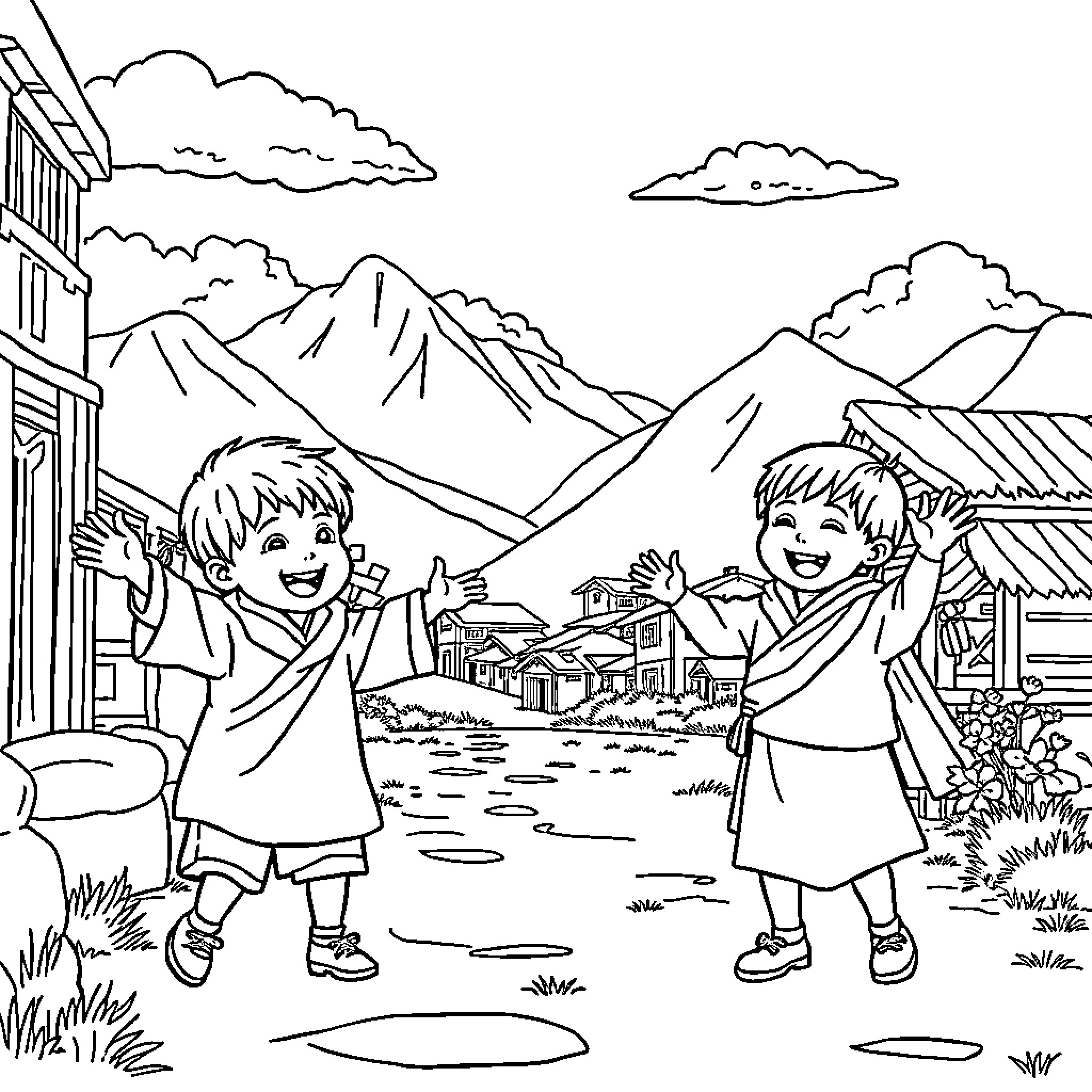 Kid friends explore snowy mountain village Coloring Page (free black-and-white line drawing printable PDF for all, from beginners to advanced learners, including children, teens, adults, and seniors)