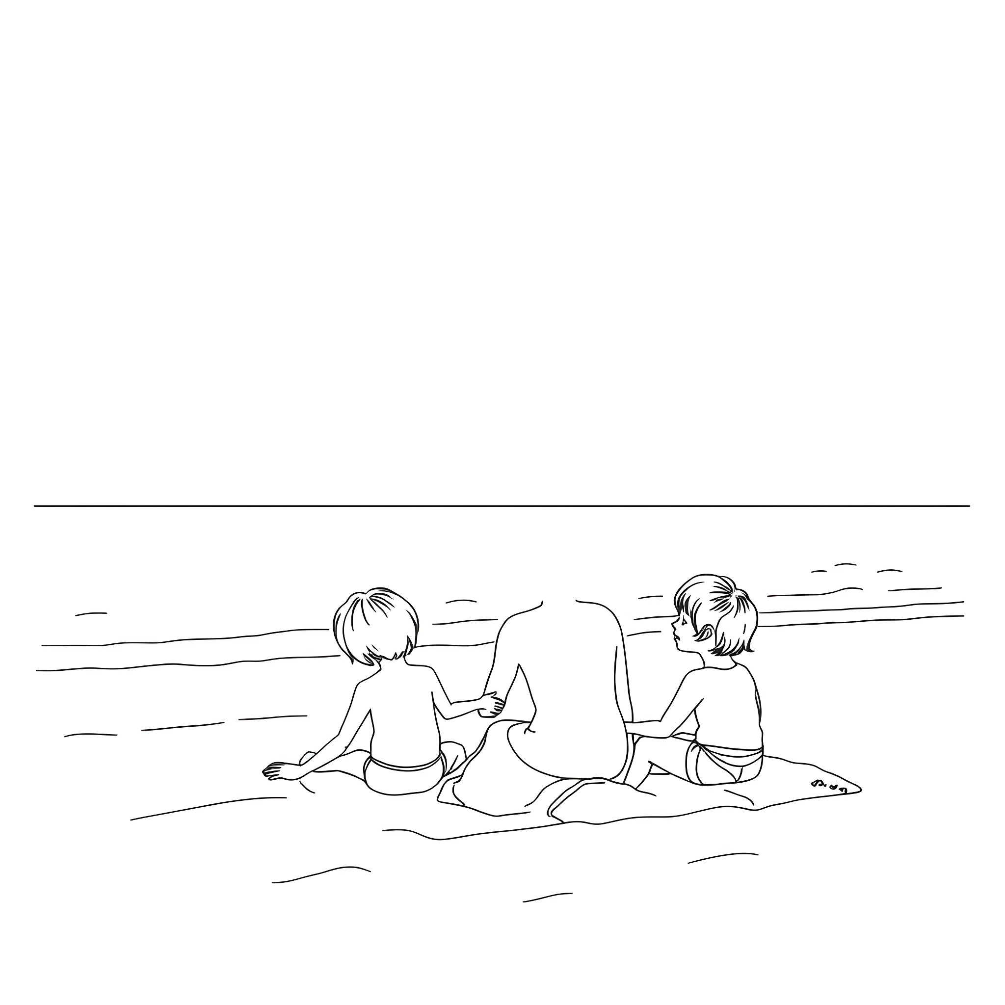 Mom and kids playing together on the beach Coloring Page (free black-and-white line drawing printable PDF for all, from beginners to advanced learners, including children, teens, adults, and seniors)