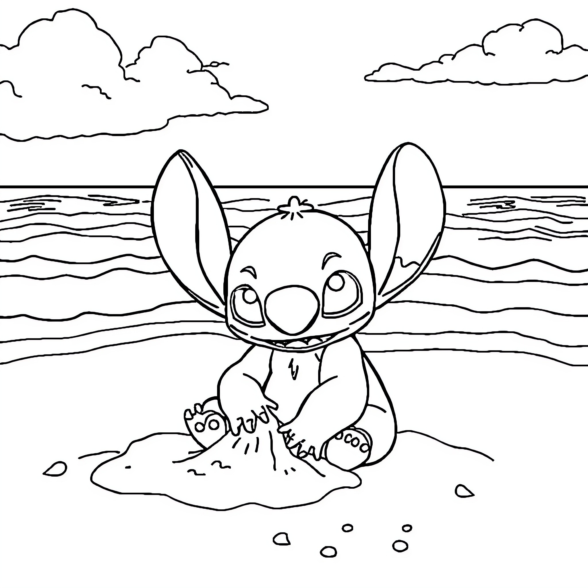 Stitch playing happily on the beach Coloring Page (free black-and-white line drawing printable PDF for all, from beginners to advanced learners, including children, teens, adults, and seniors)