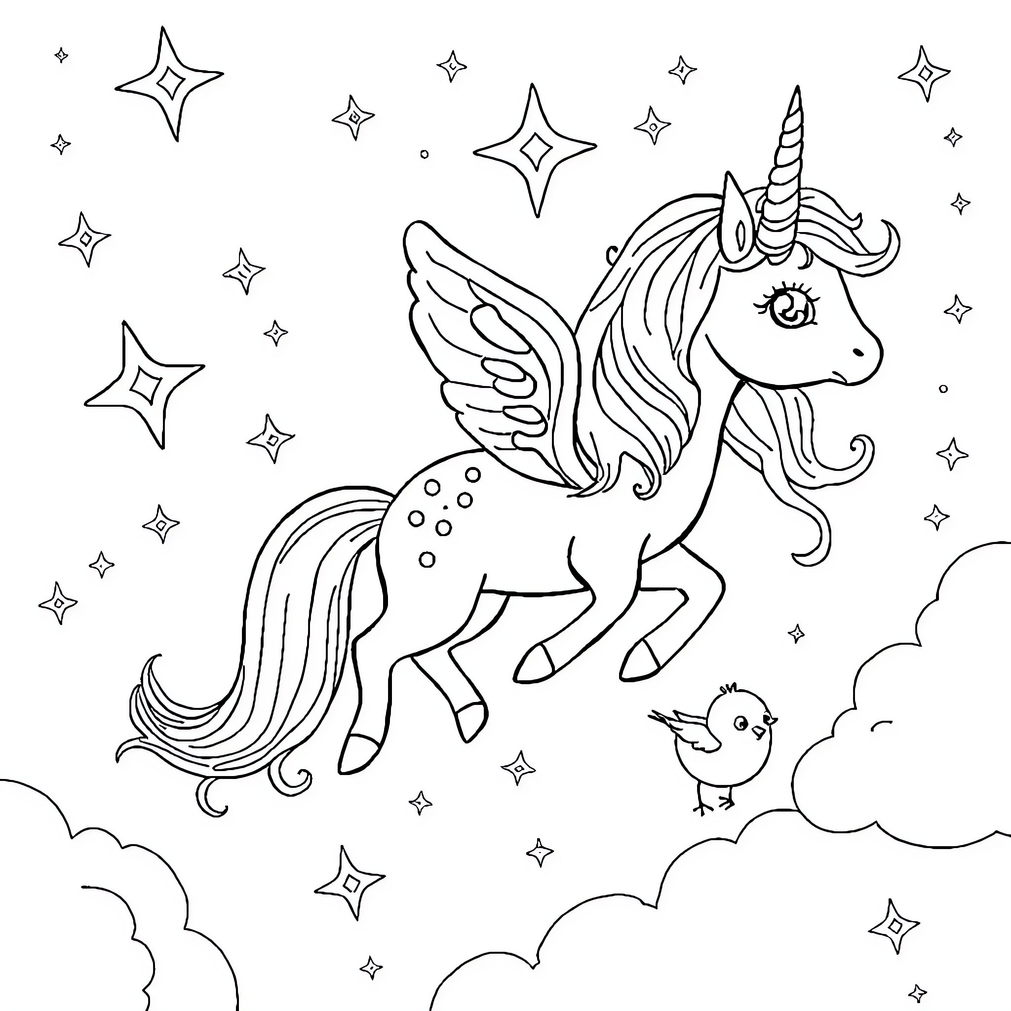 Unicorn flying gracefully among the stars Coloring Page (free black-and-white line drawing printable PDF for all, from beginners to advanced learners, including children, teens, adults, and seniors)