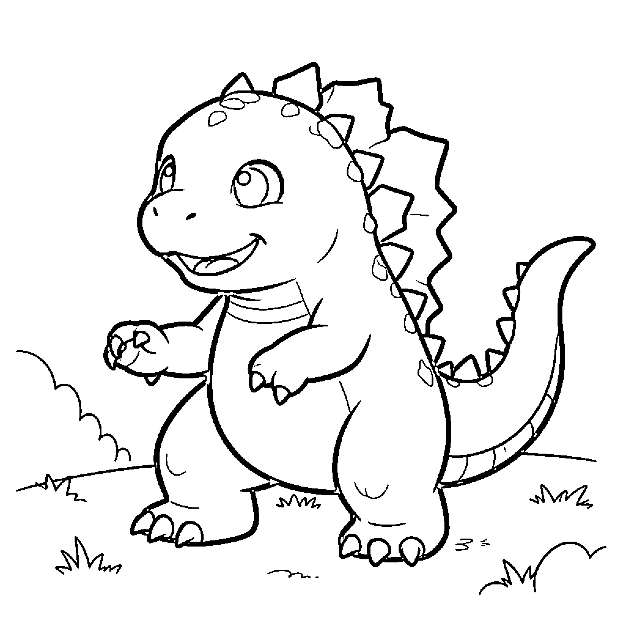 Godzilla the Cheerful Dinosaur Exploring the Outdoors Coloring Page (free black-and-white line drawing printable PDF for all, from beginners to advanced learners, including children, teens, adults, and seniors)