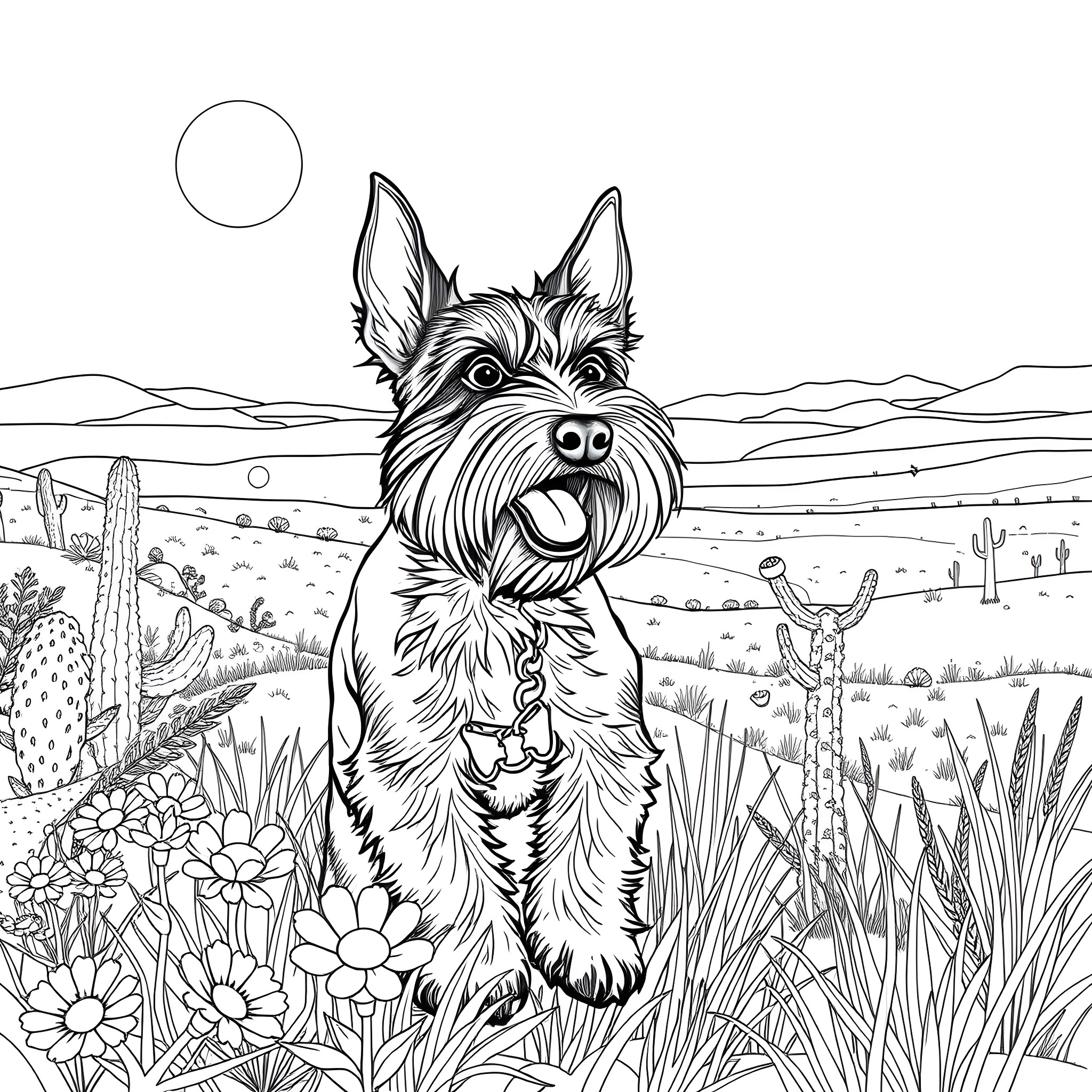 Schnauzer's Joyful Romp in the Desert Landscape Coloring Page (free black-and-white line drawing printable PDF for all, from beginners to advanced learners, including children, teens, adults, and seniors)