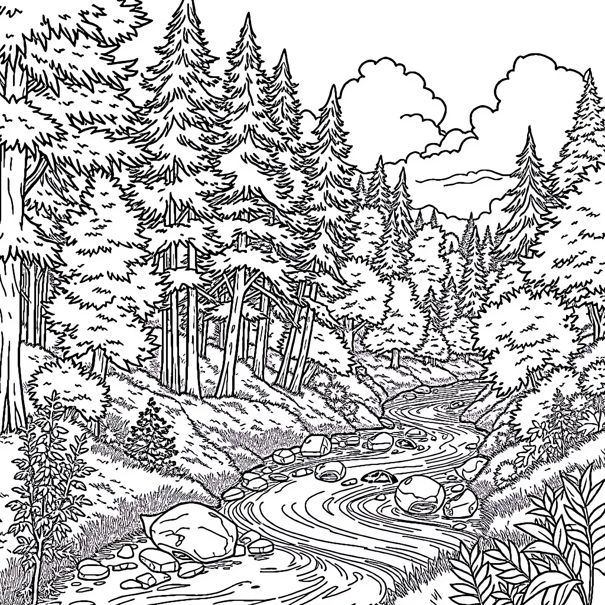 Forest Landscape with Winding Path and Wildlife Coloring Page (free black-and-white line drawing printable PDF for all, from beginners to advanced learners, including children, teens, adults, and seniors)