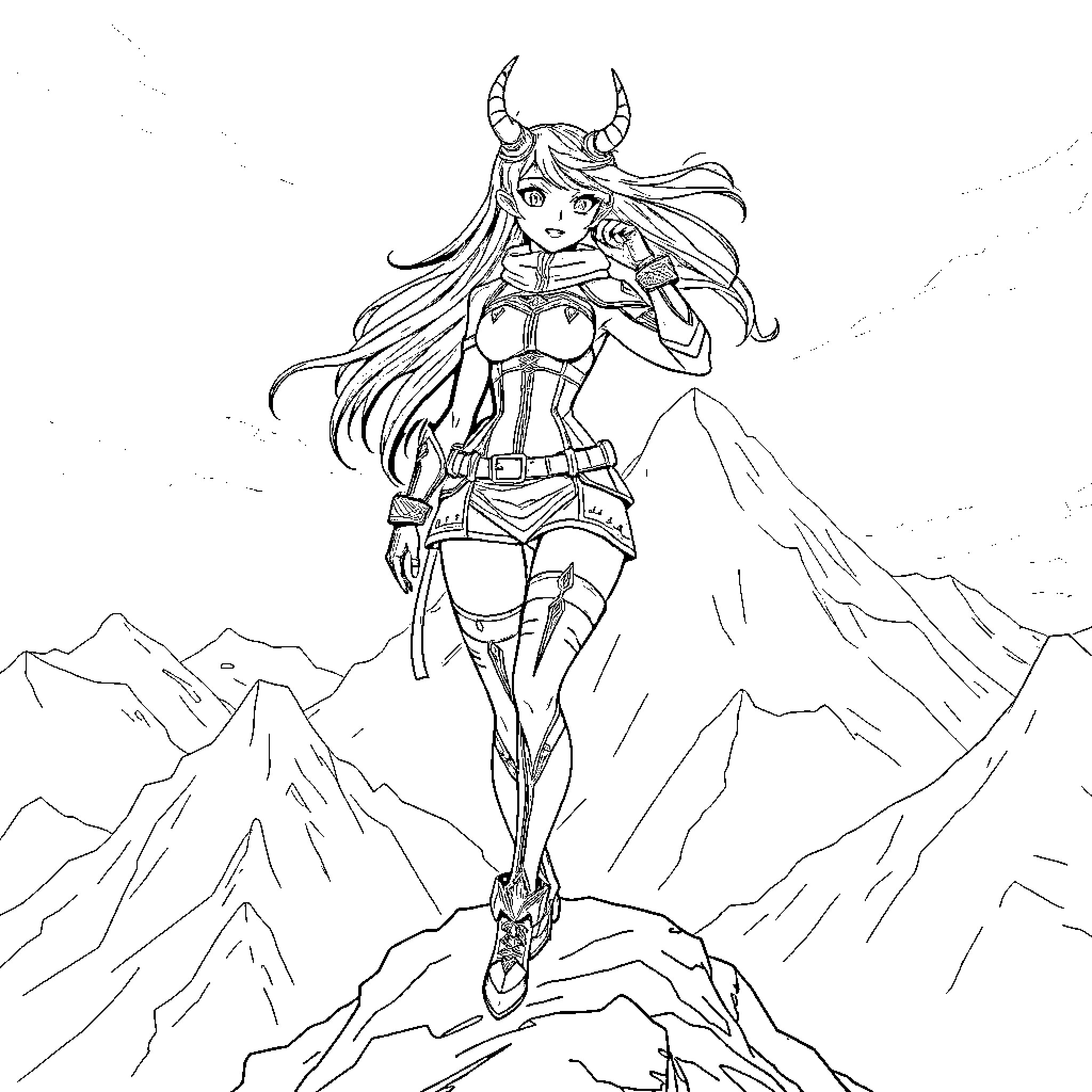 Runi, the Fearless Demon Warrior Coloring Page (free black-and-white line drawing printable PDF for all, from beginners to advanced learners, including children, teens, adults, and seniors)