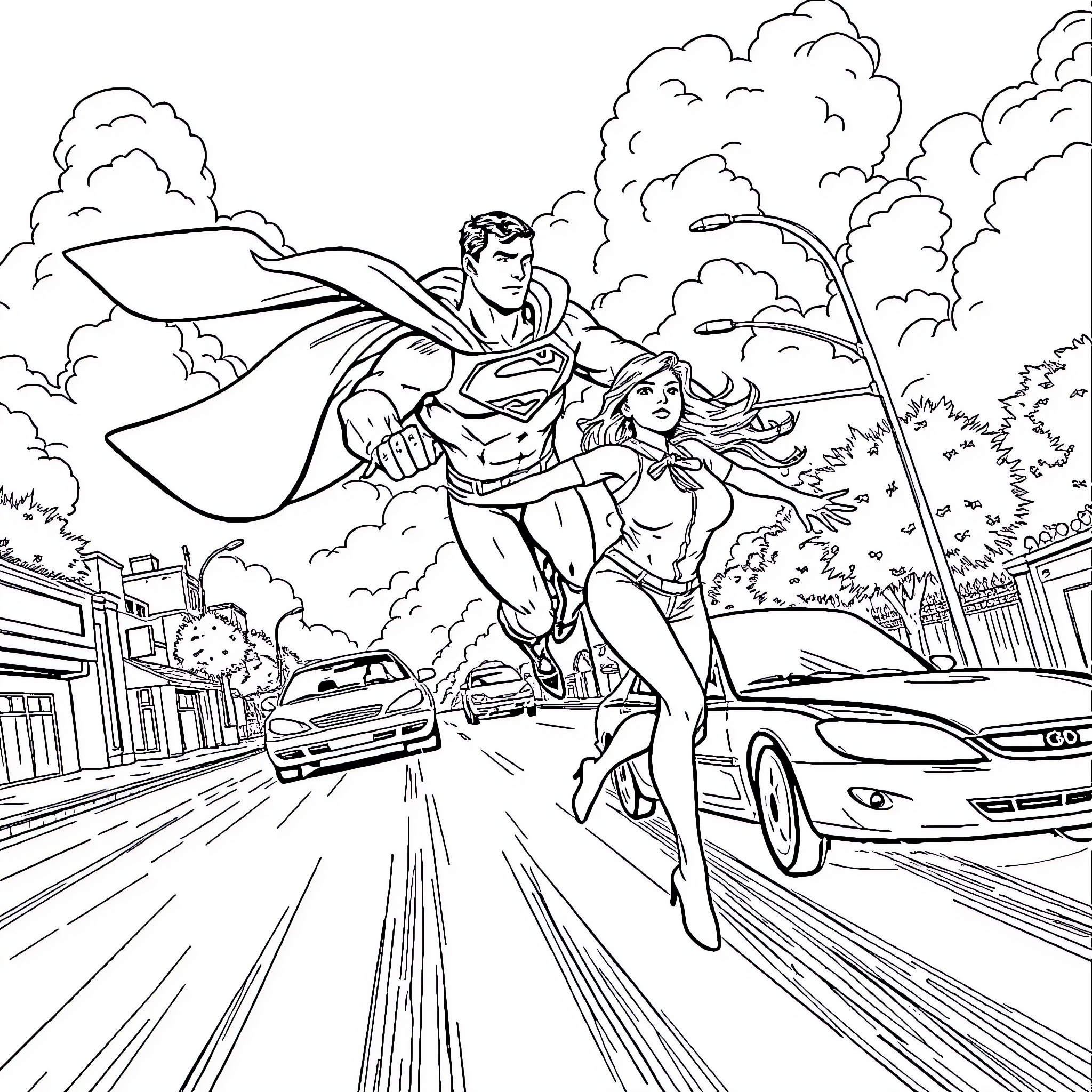Superman rescuing a woman from danger in the city Coloring Page (free black-and-white line drawing printable PDF for all, from beginners to advanced learners, including children, teens, adults, and seniors)
