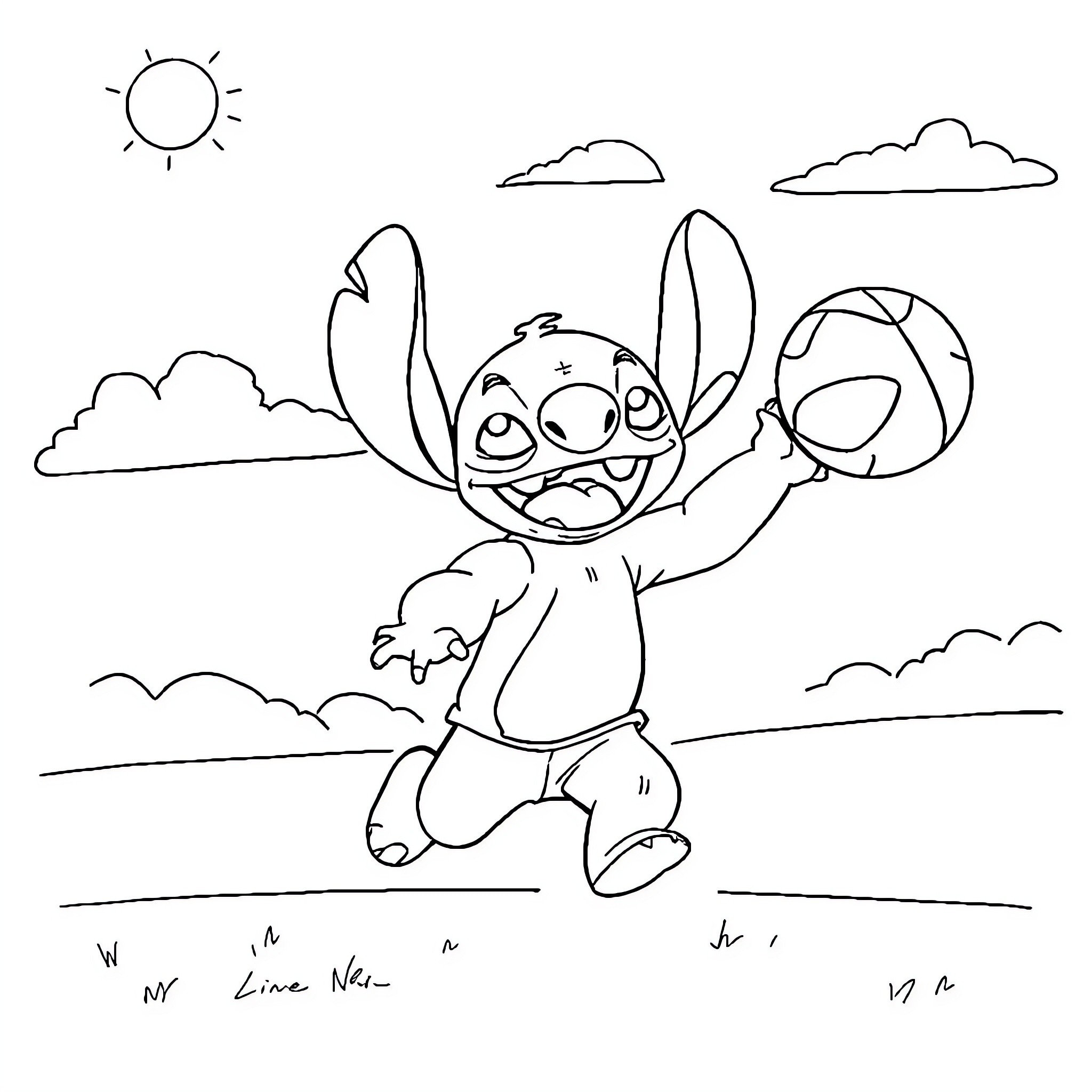 Stitch jumping joyfully in the sun-filled field Coloring Page (free black-and-white line drawing printable PDF for all, from beginners to advanced learners, including children, teens, adults, and seniors)