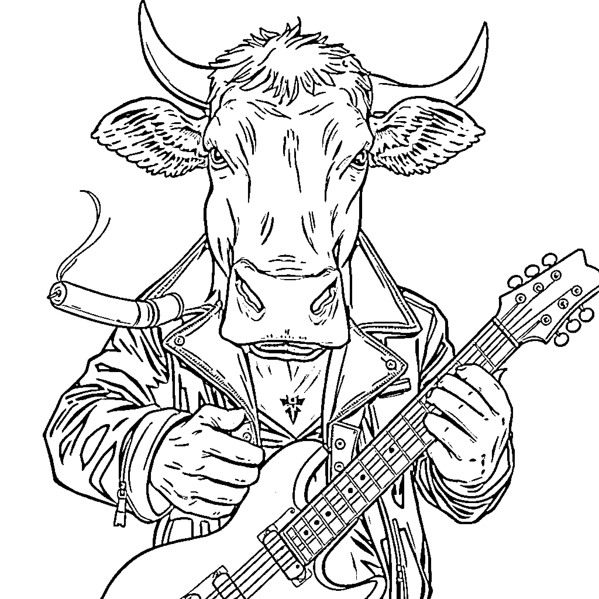 Cow rock star playing electric guitar Coloring Page (free black-and-white line drawing printable PDF for all, from beginners to advanced learners, including children, teens, adults, and seniors)