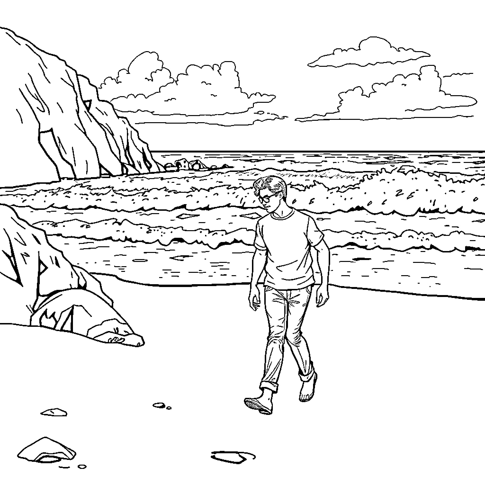 Ray McQueen explores the rugged coastal landscape Coloring Page (free black-and-white line drawing printable PDF for all, from beginners to advanced learners, including children, teens, adults, and seniors)