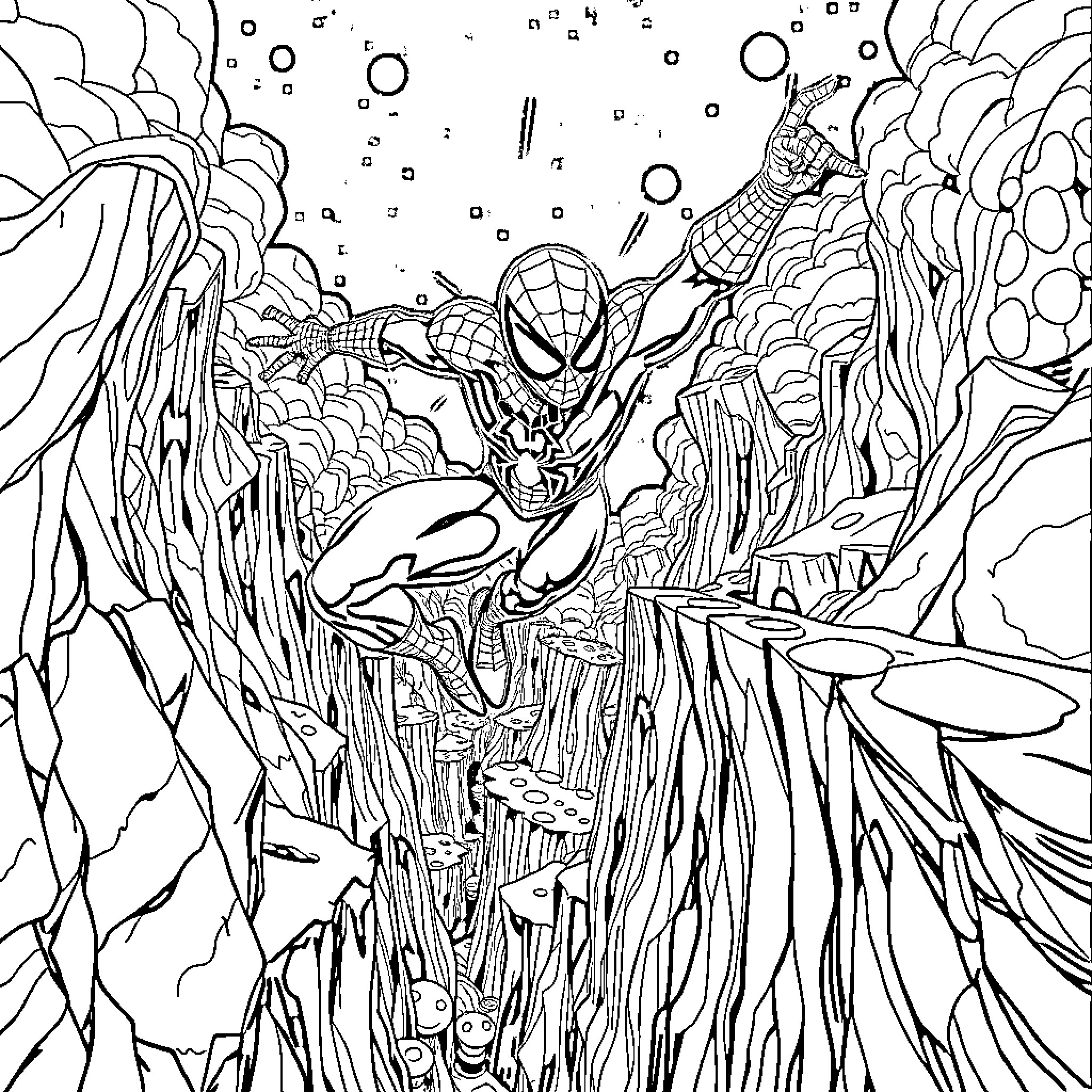 Spider-Man Swinging through the City Coloring Page (free black-and-white line drawing printable PDF for all, from beginners to advanced learners, including children, teens, adults, and seniors)