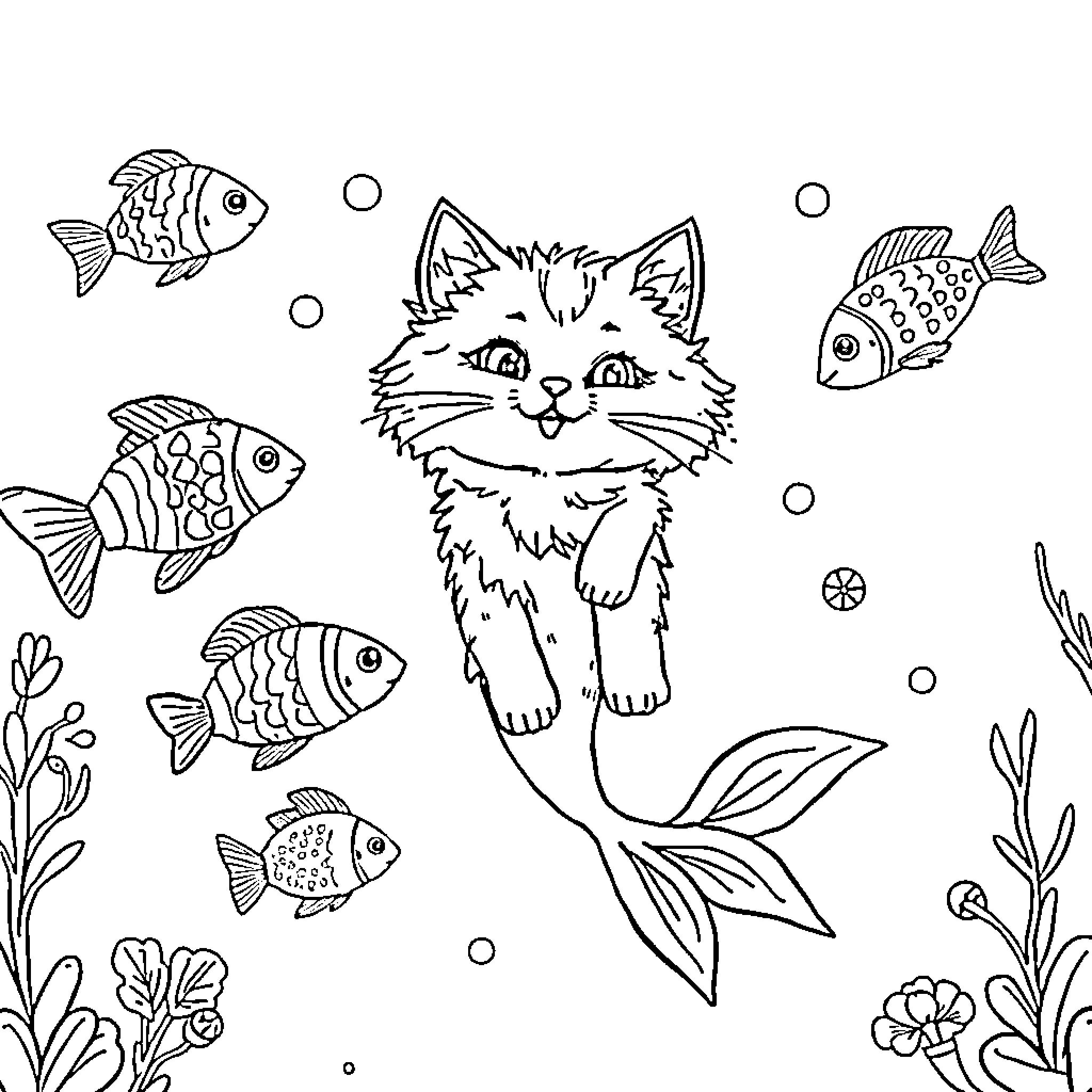 Cat mermaid playing with colorful fish in the sea Coloring Page (free black-and-white line drawing printable PDF for all, from beginners to advanced learners, including children, teens, adults, and seniors)