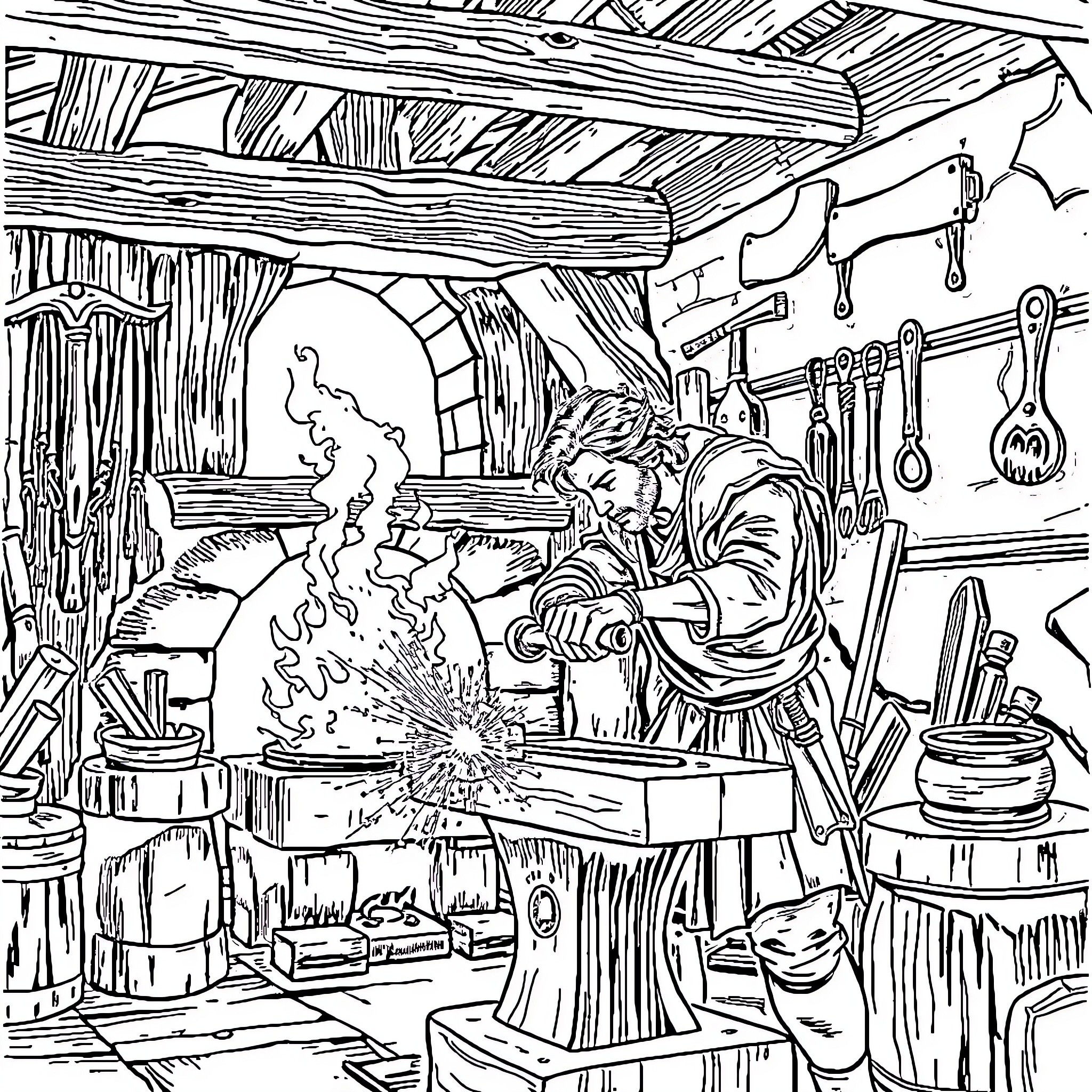Balian working diligently in his rustic workshop Coloring Page (free black-and-white line drawing printable PDF for all, from beginners to advanced learners, including children, teens, adults, and seniors)