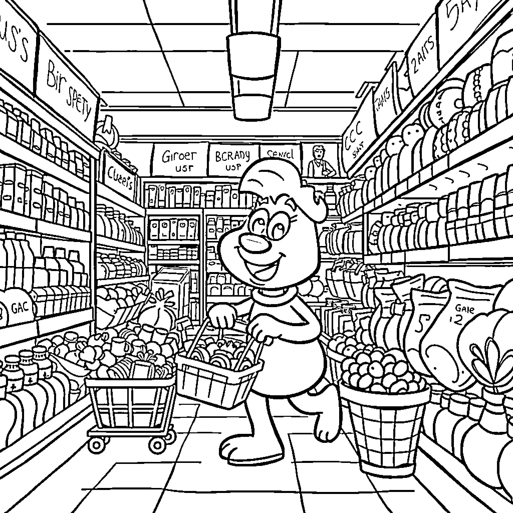Blue's Clue Character Explores Grocery Store Aisles Coloring Page (free black-and-white line drawing printable PDF for all, from beginners to advanced learners, including children, teens, adults, and seniors)
