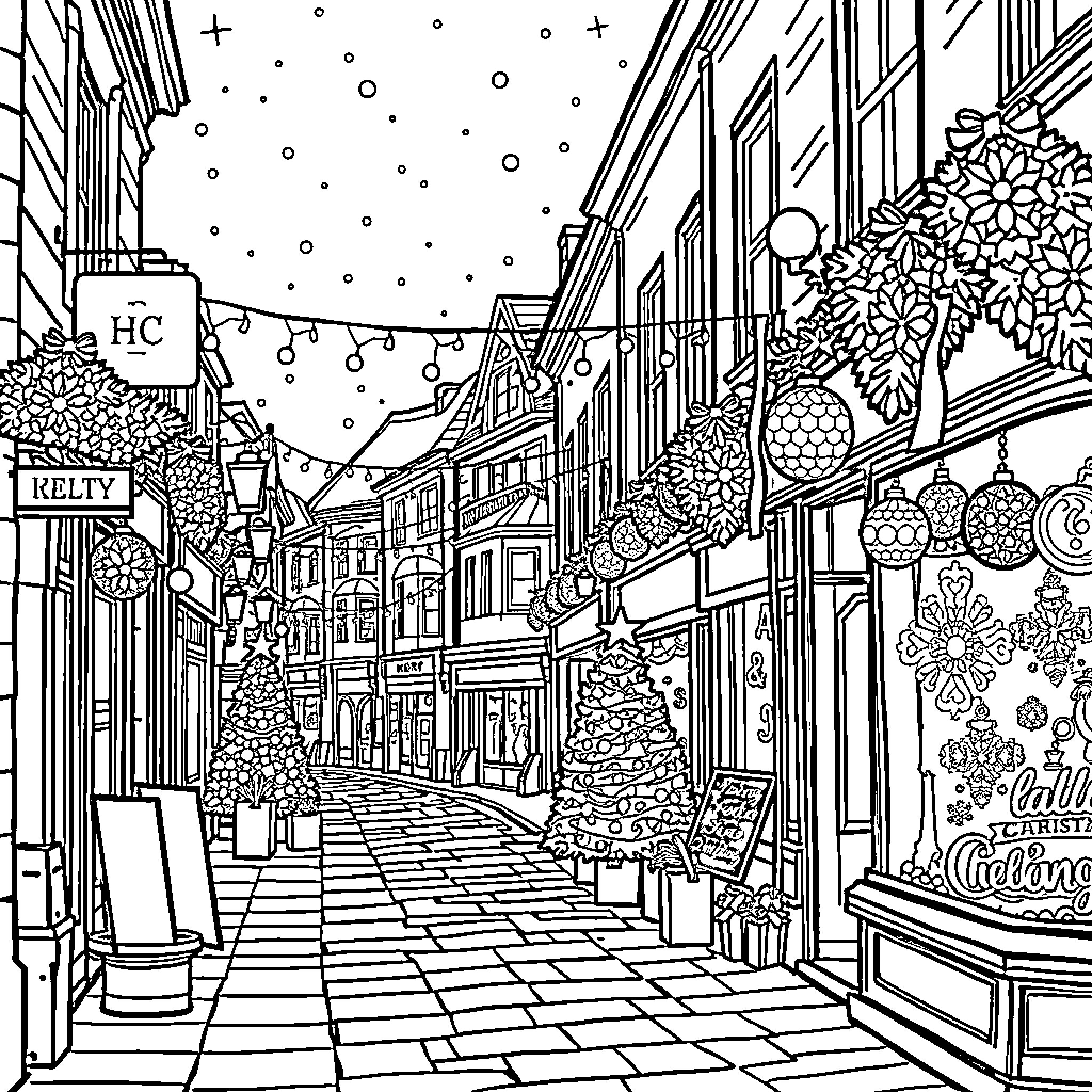 Main Street Shops and Decorations in Winter Wonderland Coloring Page (free black-and-white line drawing printable PDF for all, from beginners to advanced learners, including children, teens, adults, and seniors)