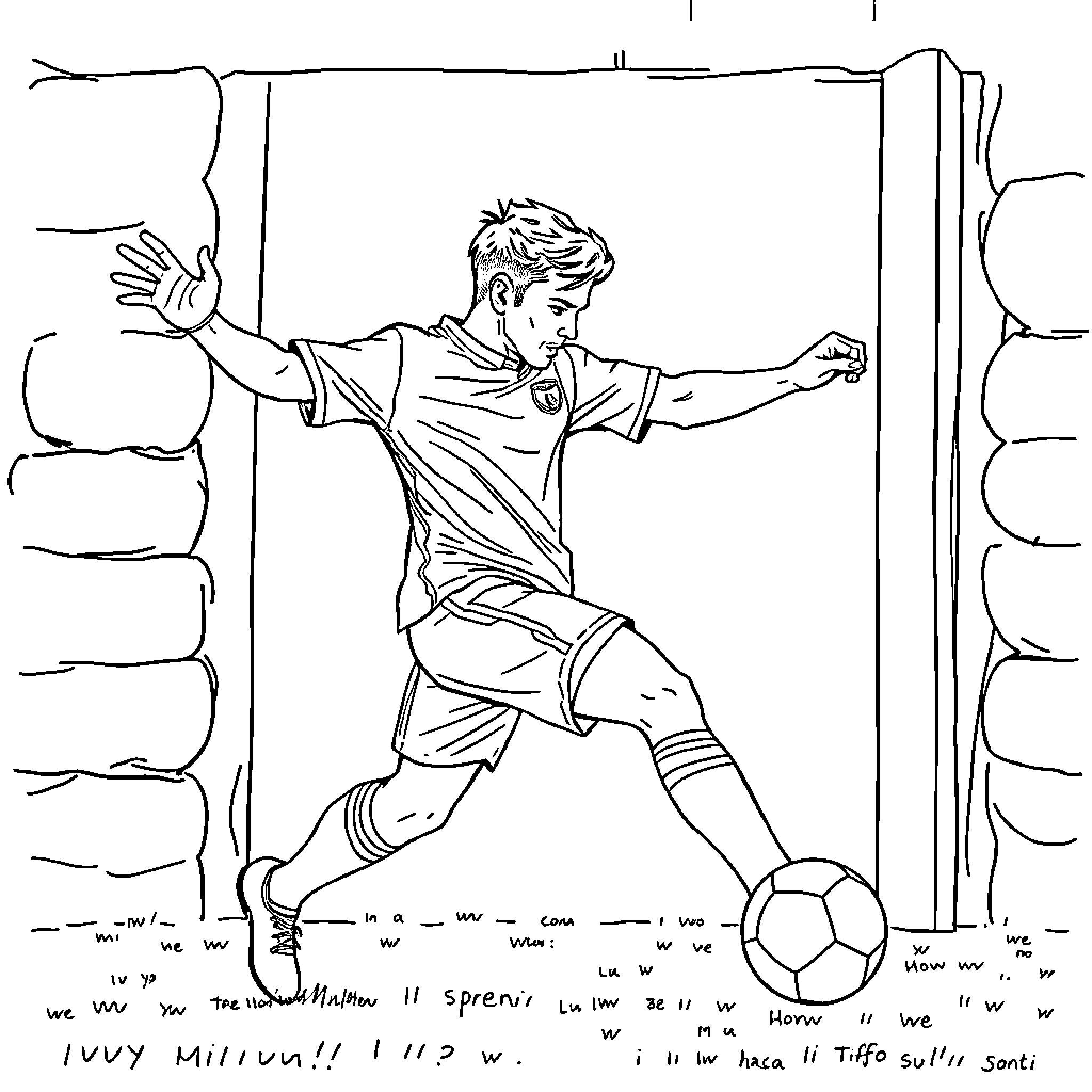 Calciatore celebrating goal after scoring Coloring Page (free black-and-white line drawing printable PDF for all, from beginners to advanced learners, including children, teens, adults, and seniors)