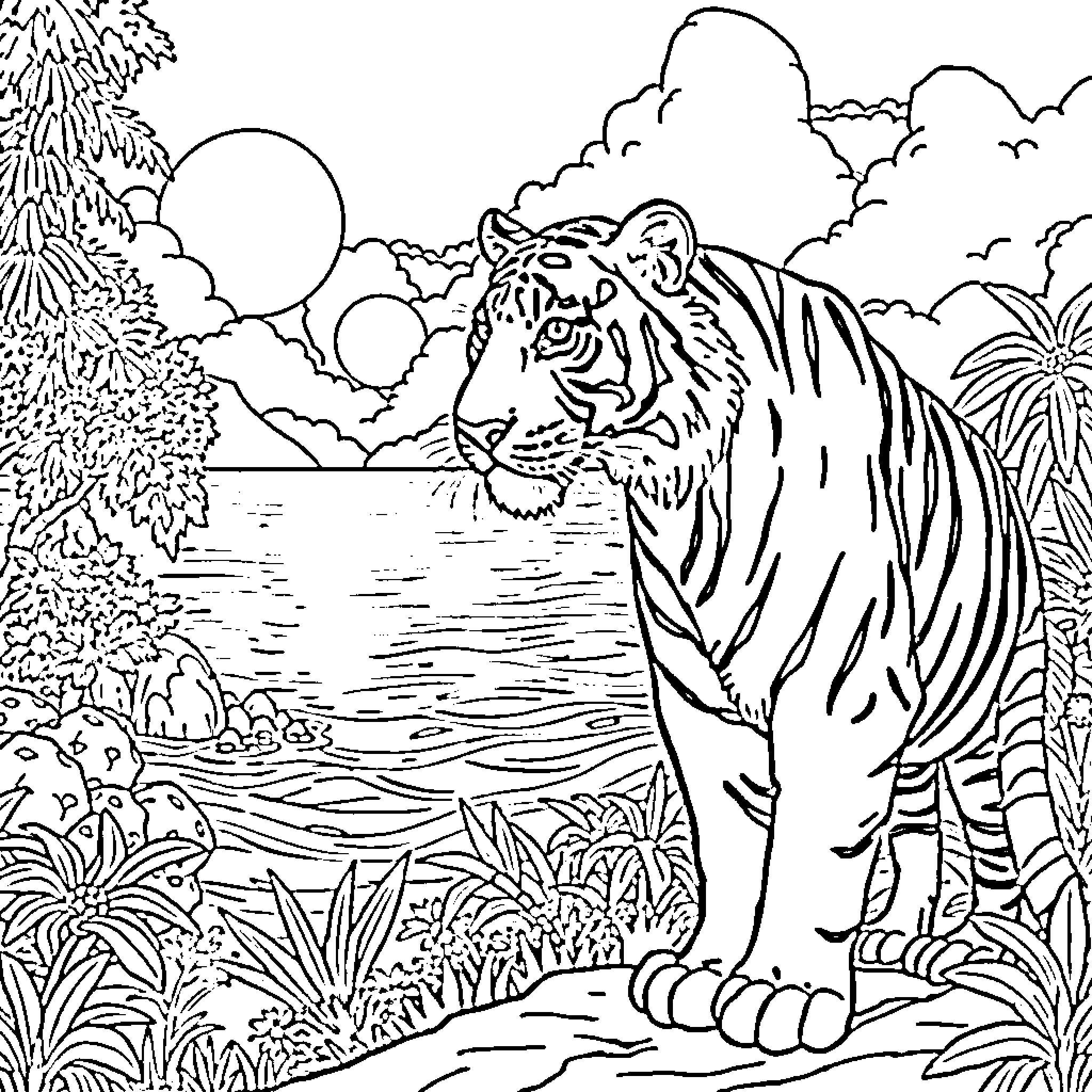 Tiger in the Jungle Landscape Coloring Page (free black-and-white line drawing printable PDF for all, from beginners to advanced learners, including children, teens, adults, and seniors)