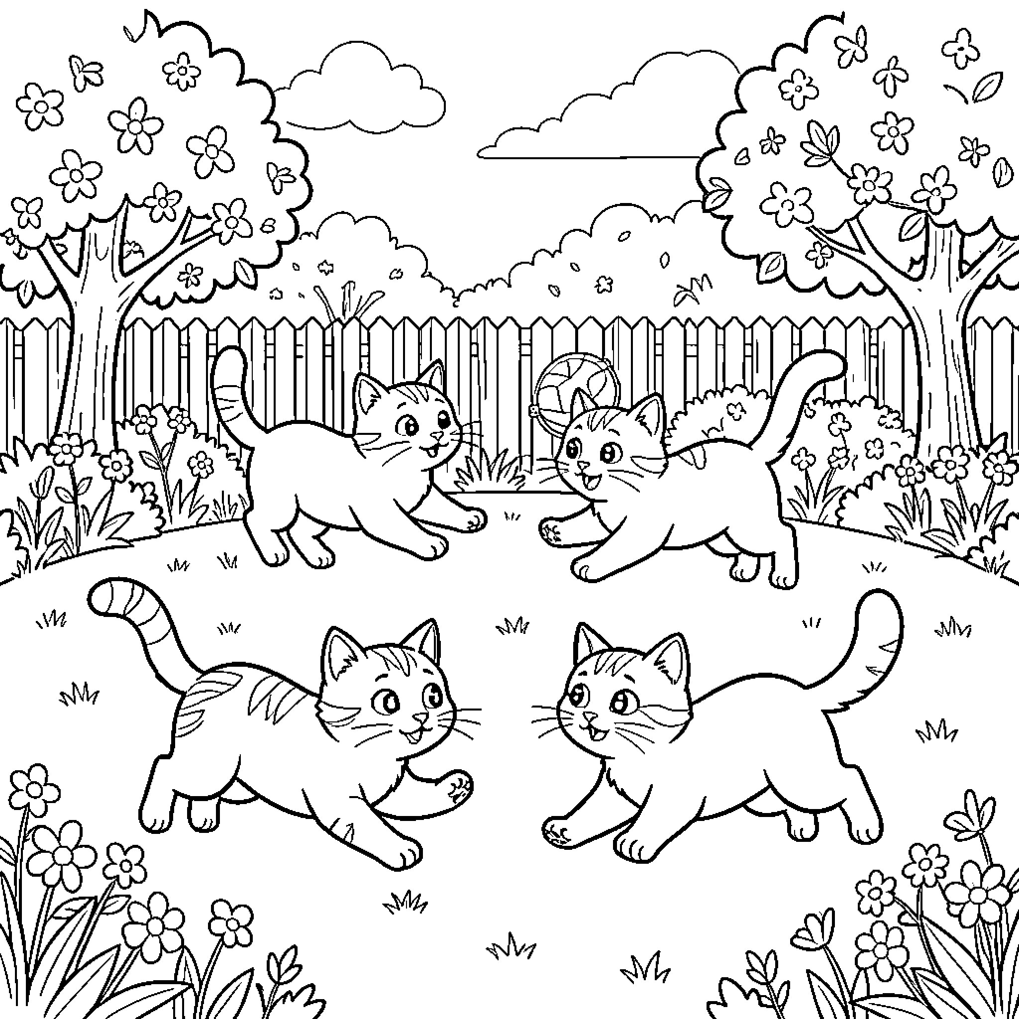 Cats playing in a floral garden Coloring Page (free black-and-white line drawing printable PDF for all, from beginners to advanced learners, including children, teens, adults, and seniors)