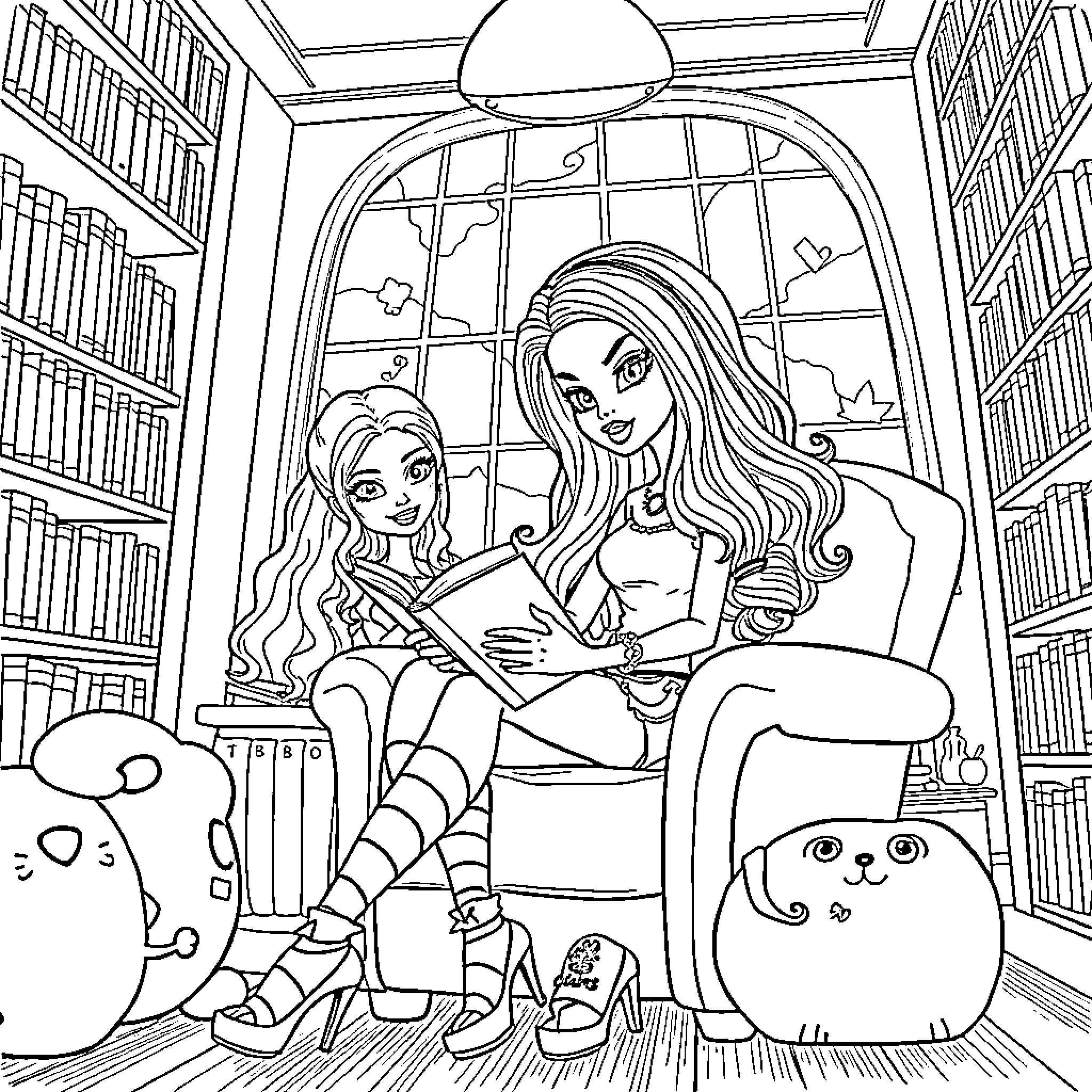 Dolls reading together in a cozy library Coloring Page (free black-and-white line drawing printable PDF for all, from beginners to advanced learners, including children, teens, adults, and seniors)