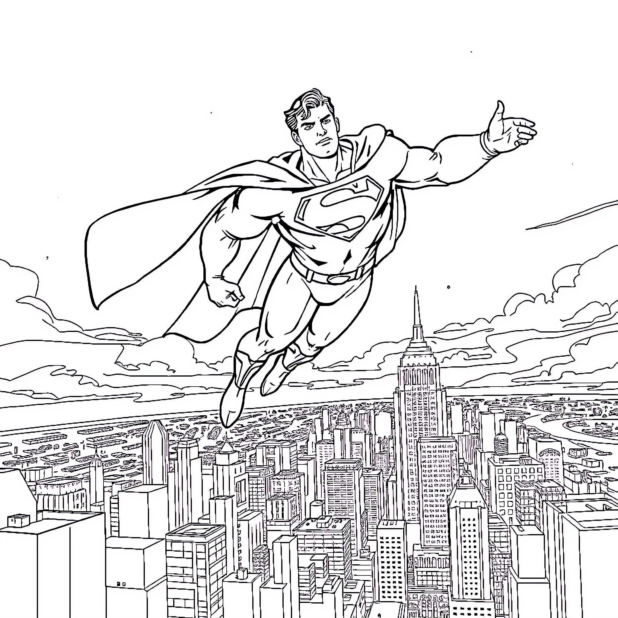 Superman soaring over the city skyline Coloring Page (free black-and-white line drawing printable PDF for all, from beginners to advanced learners, including children, teens, adults, and seniors)
