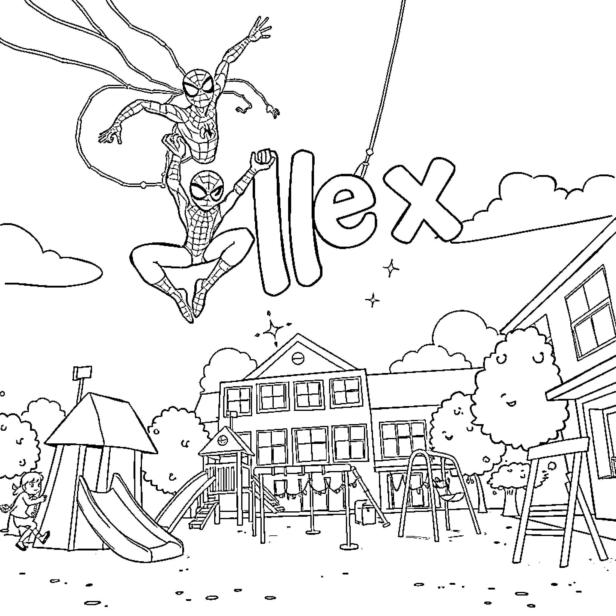 Spider-Man swings through a playful neighborhood Coloring Page (free black-and-white line drawing printable PDF for all, from beginners to advanced learners, including children, teens, adults, and seniors)