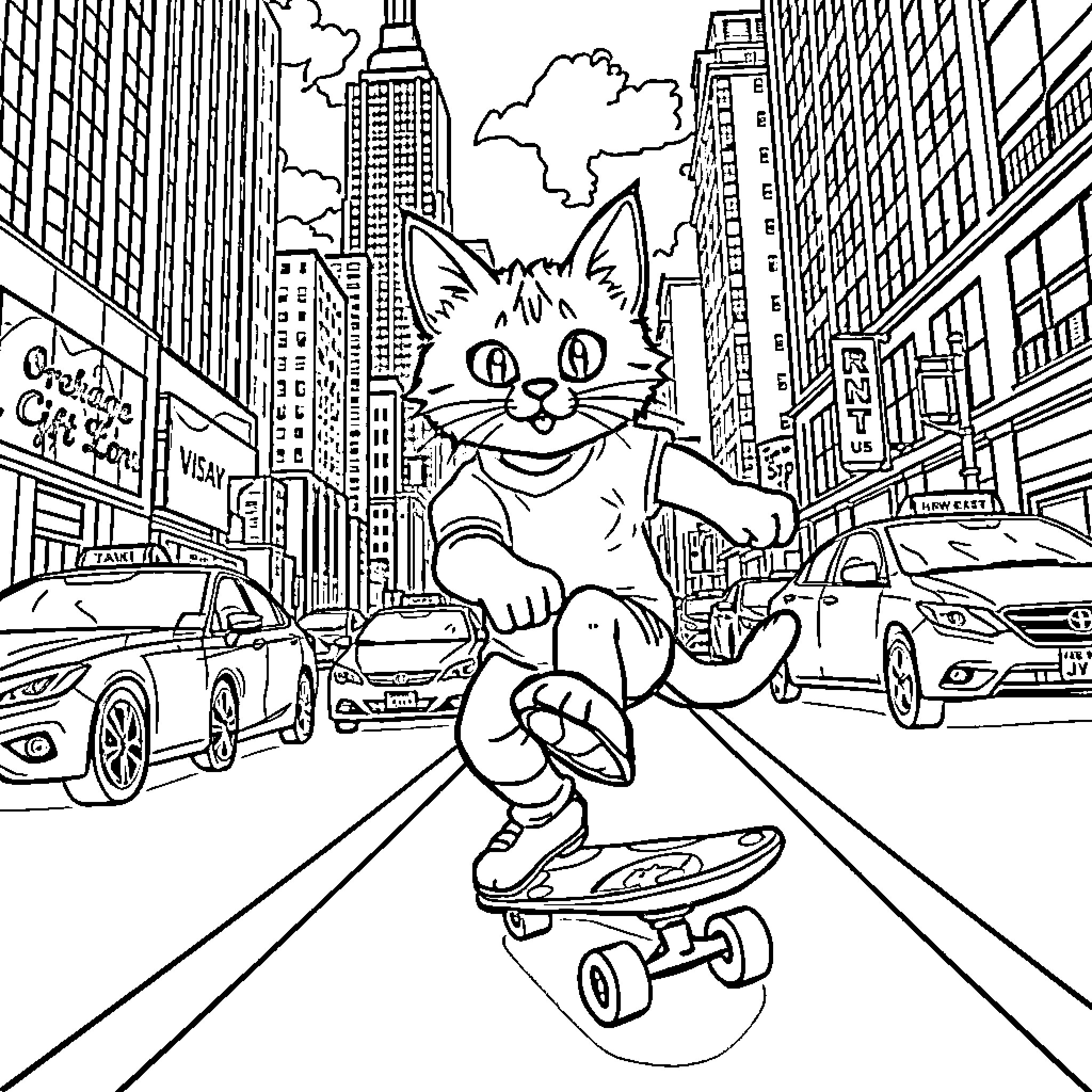 Cat skateboarding through busy city streets Coloring Page (free black-and-white line drawing printable PDF for all, from beginners to advanced learners, including children, teens, adults, and seniors)
