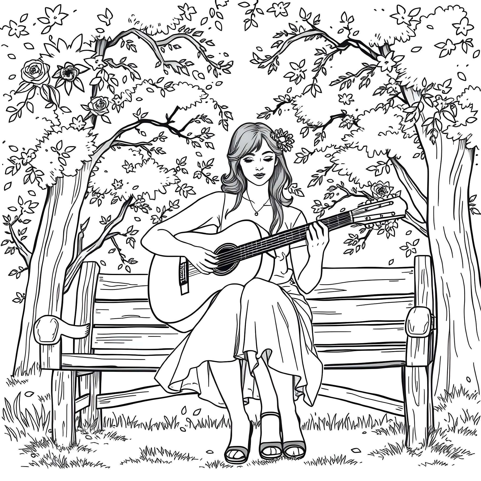 Woman playing guitar in a serene forest setting Coloring Page (free black-and-white line drawing printable PDF for all, from beginners to advanced learners, including children, teens, adults, and seniors)