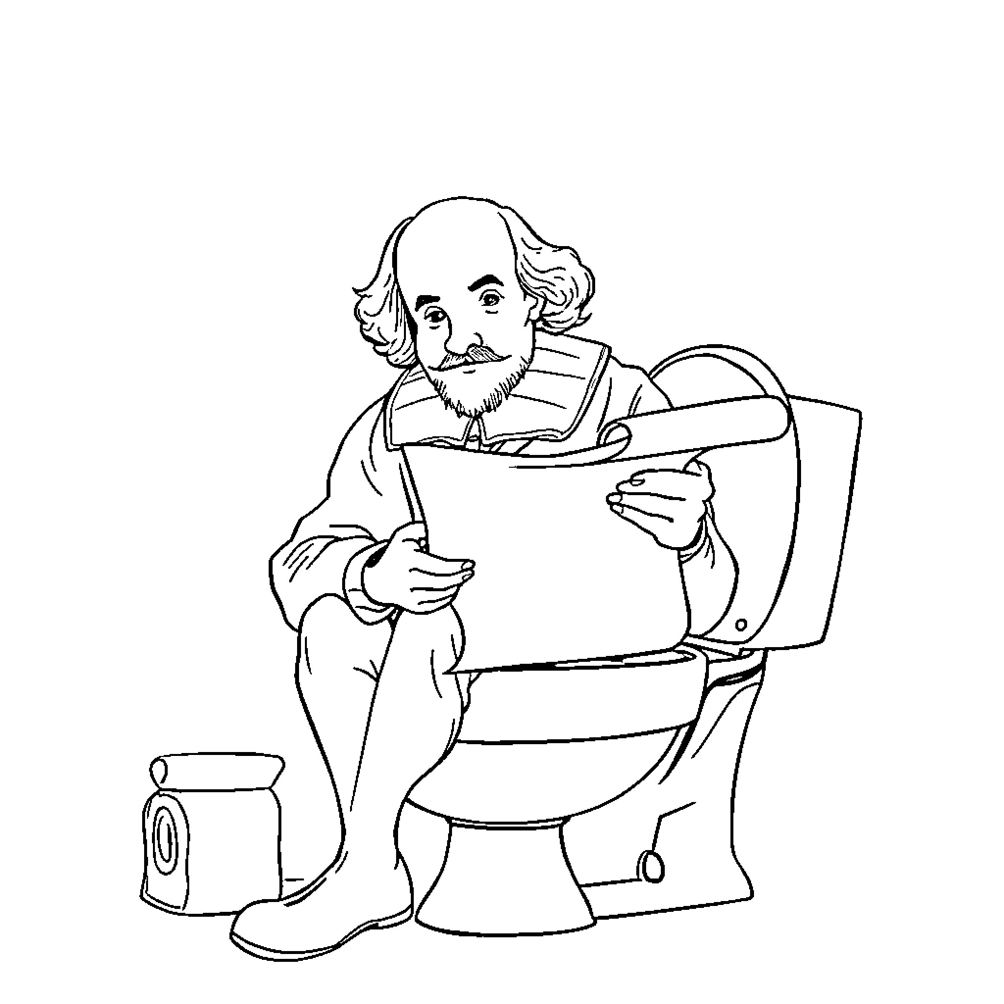 Shakespeare Contemplating on the Toilet Coloring Page (free black-and-white line drawing printable PDF for all, from beginners to advanced learners, including children, teens, adults, and seniors)