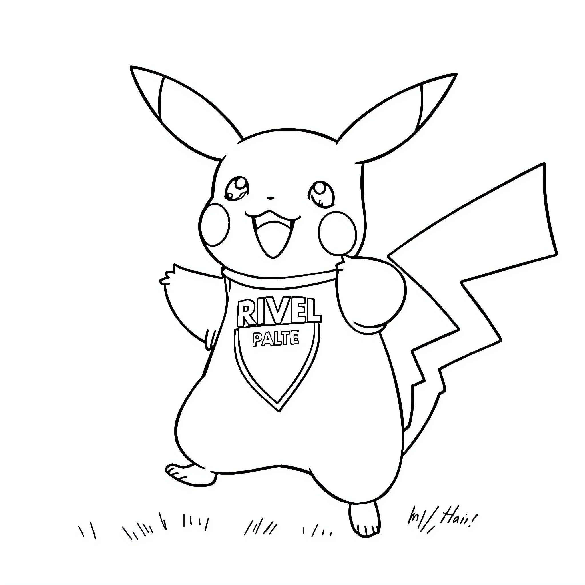 Pikachu waving and wearing a badge Coloring Page (free black-and-white line drawing printable PDF for all, from beginners to advanced learners, including children, teens, adults, and seniors)