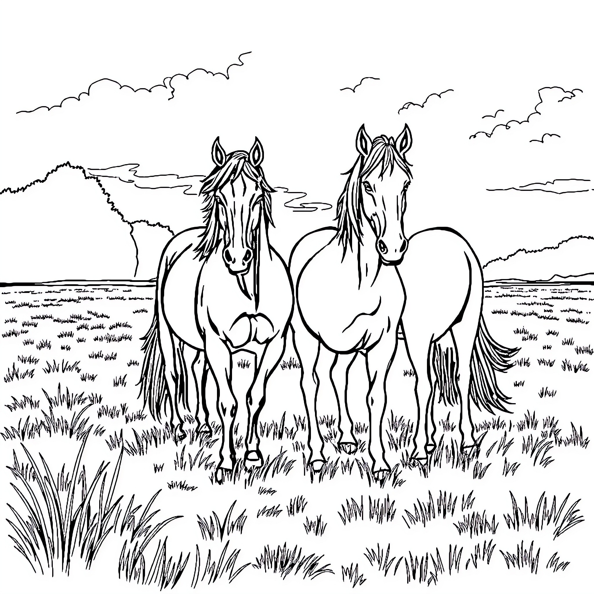 Horse Duo Grazing in Scenic Meadow Coloring Page (free black-and-white line drawing printable PDF for all, from beginners to advanced learners, including children, teens, adults, and seniors)