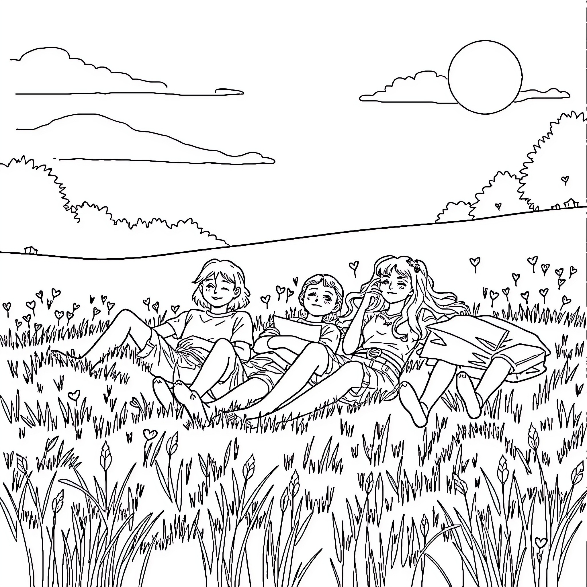 Students relaxing in a scenic outdoor field Coloring Page (free black-and-white line drawing printable PDF for all, from beginners to advanced learners, including children, teens, adults, and seniors)