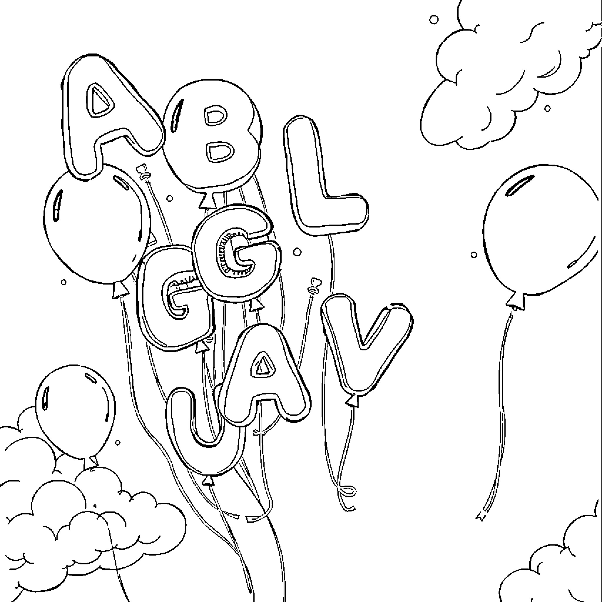 Balloon Letters Floating Whimsically in the Sky Coloring Page (free black-and-white line drawing printable PDF for all, from beginners to advanced learners, including children, teens, adults, and seniors)