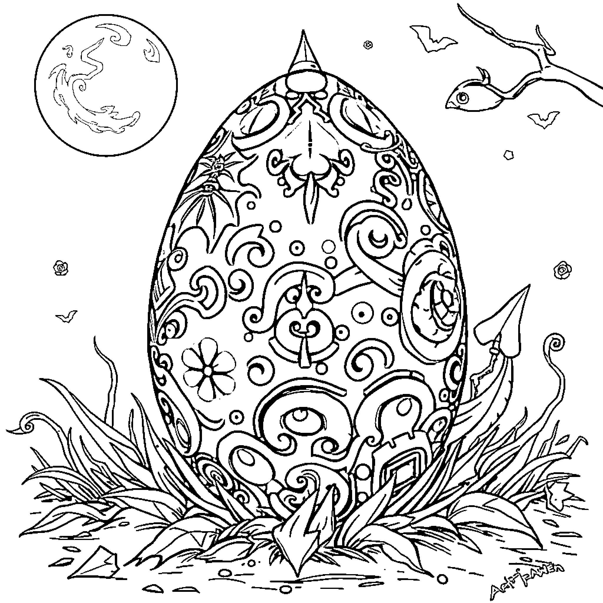 Dragon egg in enchanted forest surrounded by nature Coloring Page (free black-and-white line drawing printable PDF for all, from beginners to advanced learners, including children, teens, adults, and seniors)