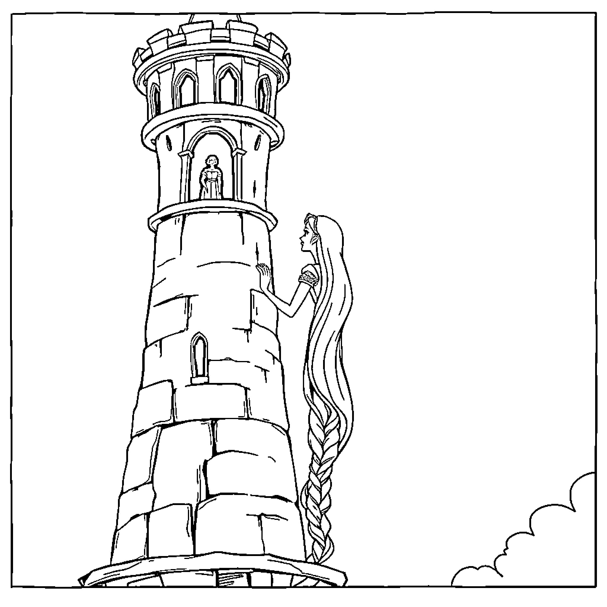 Rapunzel gazing from the tower window Coloring Page (free black-and-white line drawing printable PDF for all, from beginners to advanced learners, including children, teens, adults, and seniors)