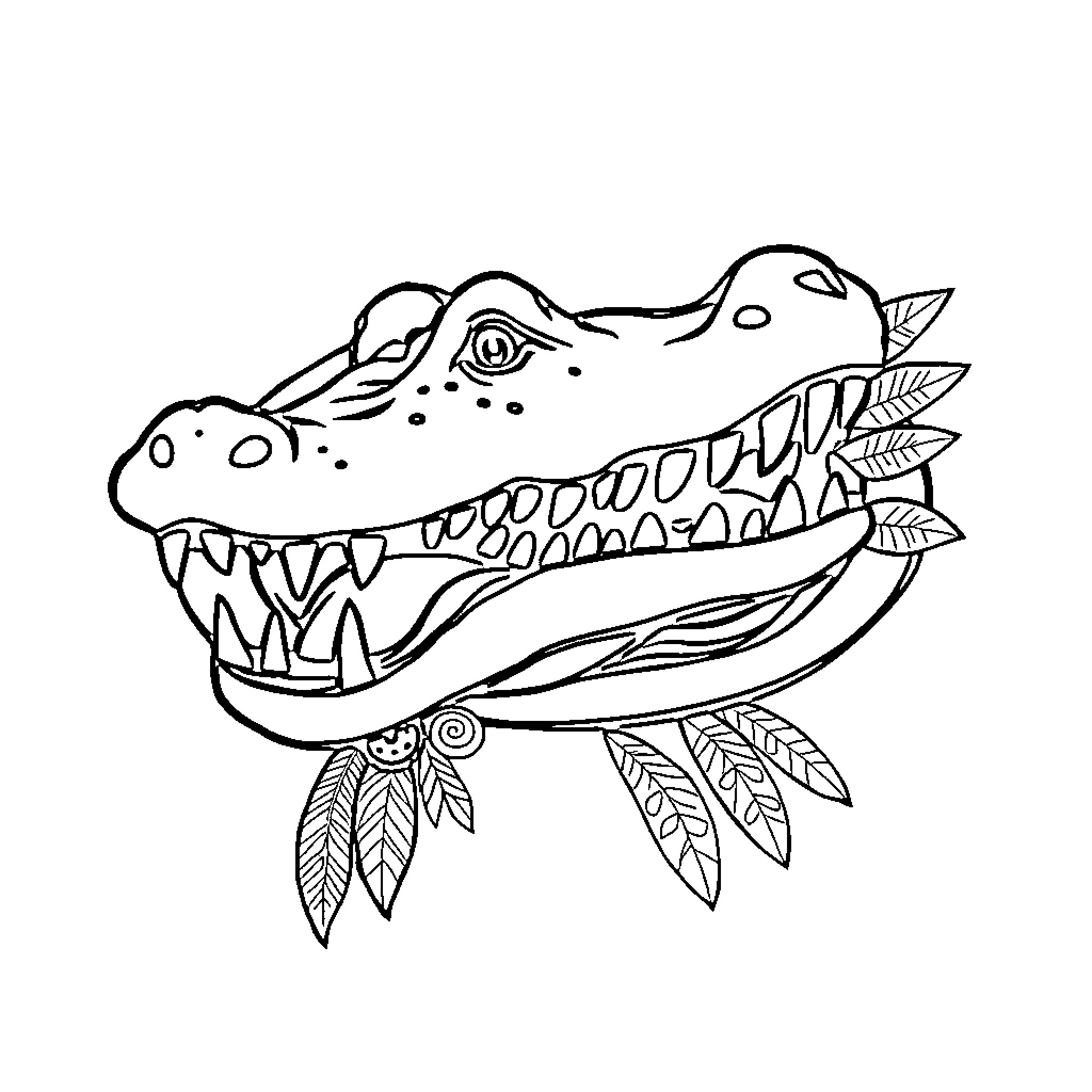 Gators with feathered accessories in abstract style Coloring Page (free black-and-white line drawing printable PDF for all, from beginners to advanced learners, including children, teens, adults, and seniors)