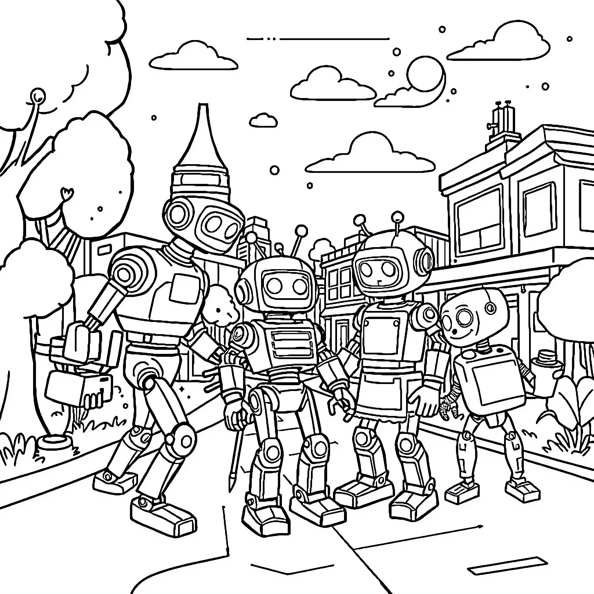 Robot Companions Explore the Whimsical City Coloring Page (free black-and-white line drawing printable PDF for all, from beginners to advanced learners, including children, teens, adults, and seniors)