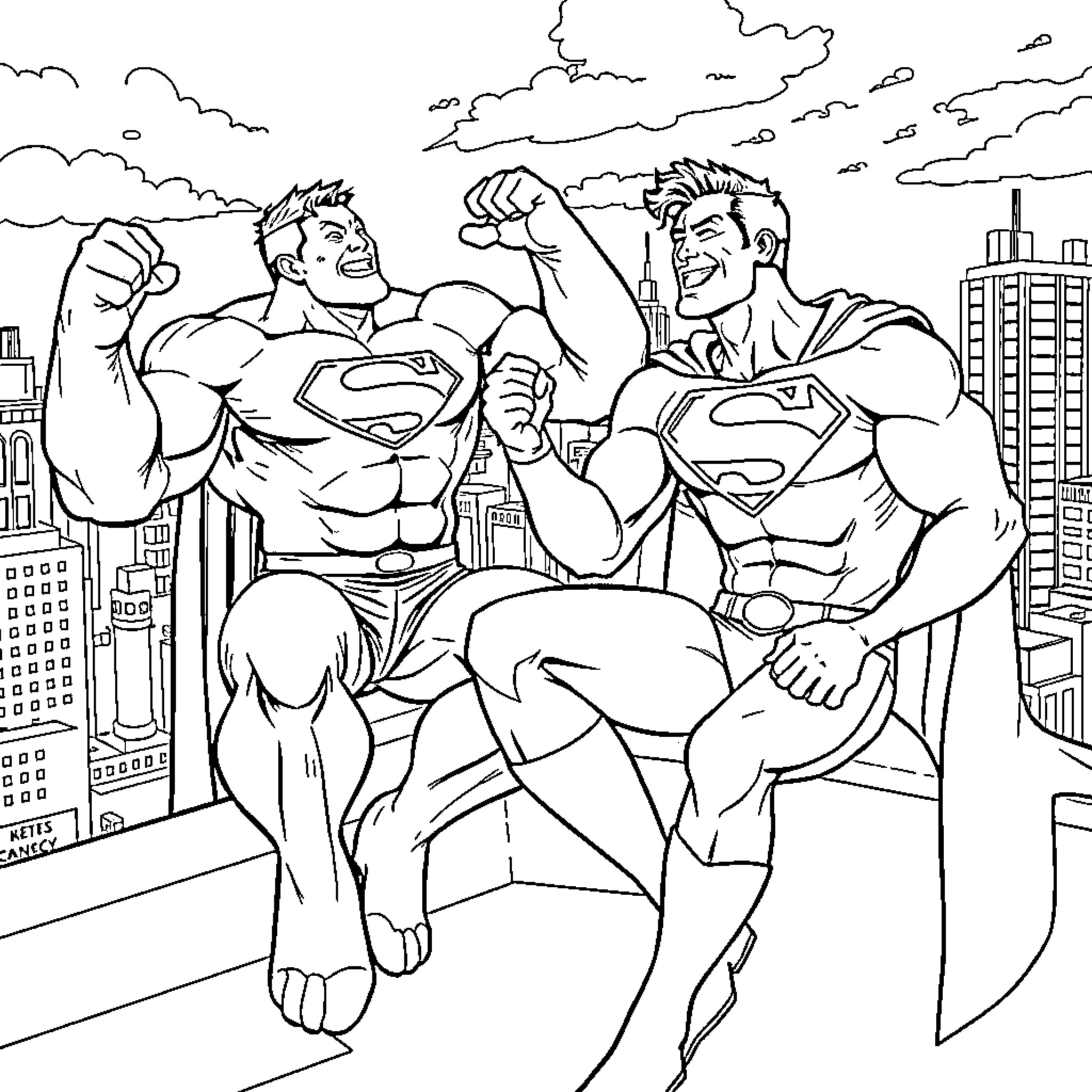 Superman Superheroes Battling in the City Coloring Page (free black-and-white line drawing printable PDF for all, from beginners to advanced learners, including children, teens, adults, and seniors)