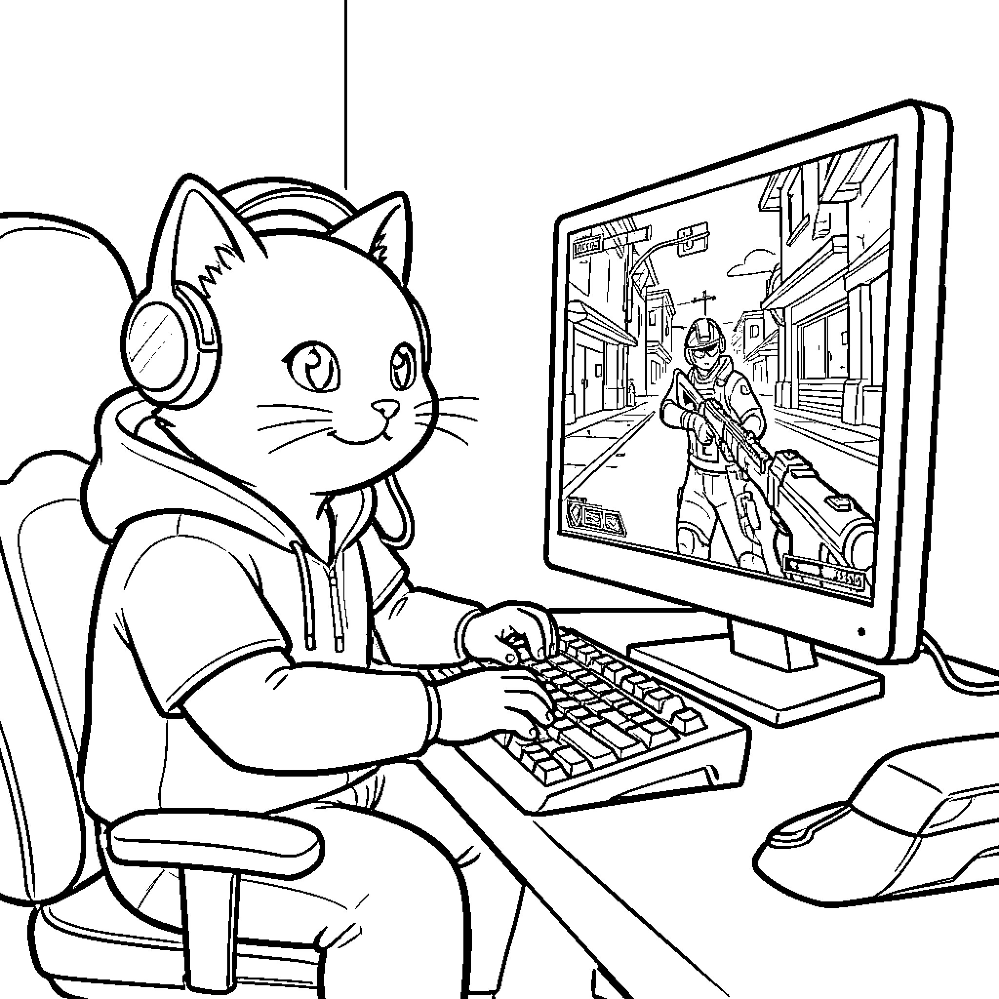Cat gamer playing video games on computer Coloring Page (free black-and-white line drawing printable PDF for all, from beginners to advanced learners, including children, teens, adults, and seniors)
