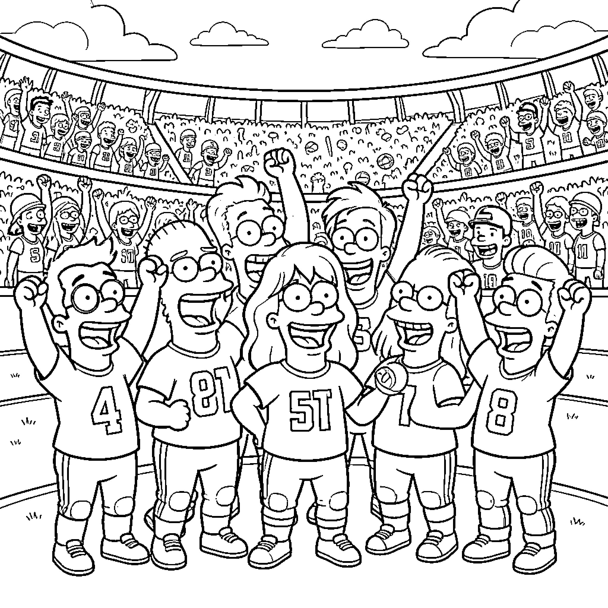 Simpson characters cheering at a sports event Coloring Page (free black-and-white line drawing printable PDF for all, from beginners to advanced learners, including children, teens, adults, and seniors)