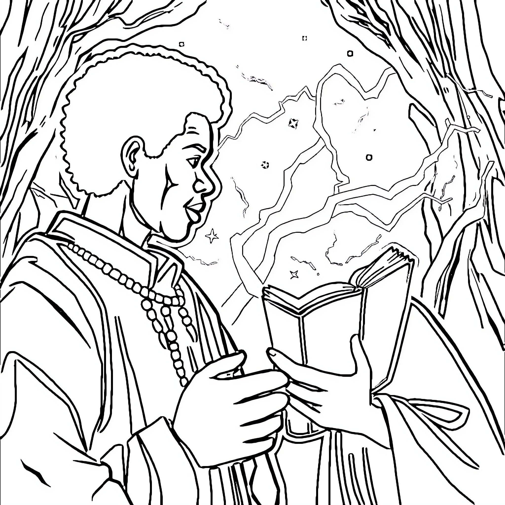 Percy Jackson exploring the magical forest with a book Coloring Page (free black-and-white line drawing printable PDF for all, from beginners to advanced learners, including children, teens, adults, and seniors)